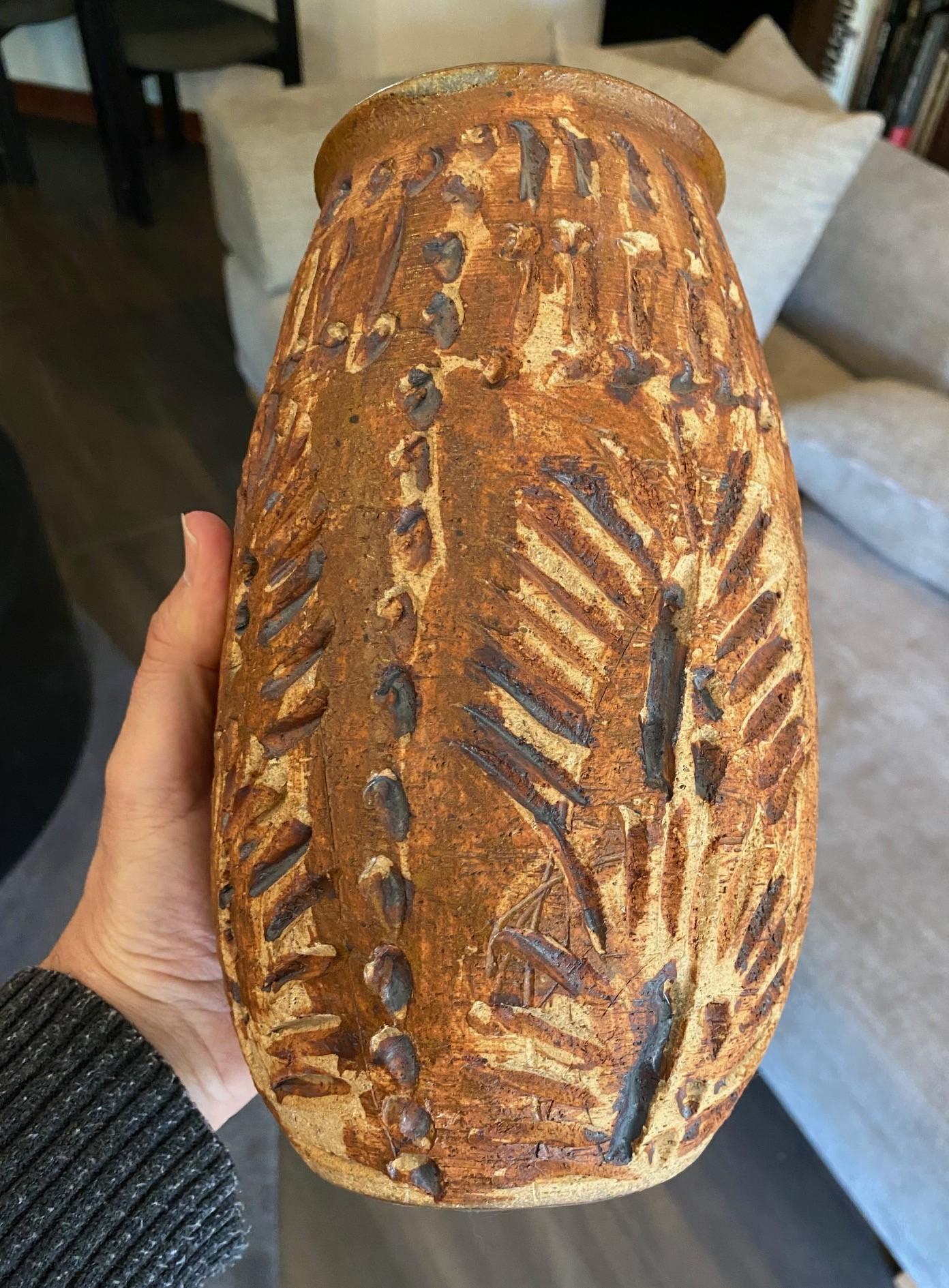 Mid Century Modern Signed Large Heavy Stoneware California Studio Pottery Vase For Sale 7
