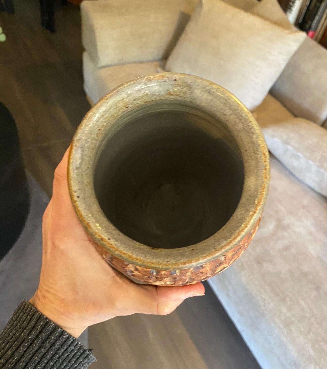 Mid Century Modern Signed Large Heavy Stoneware California Studio Pottery Vase For Sale 9
