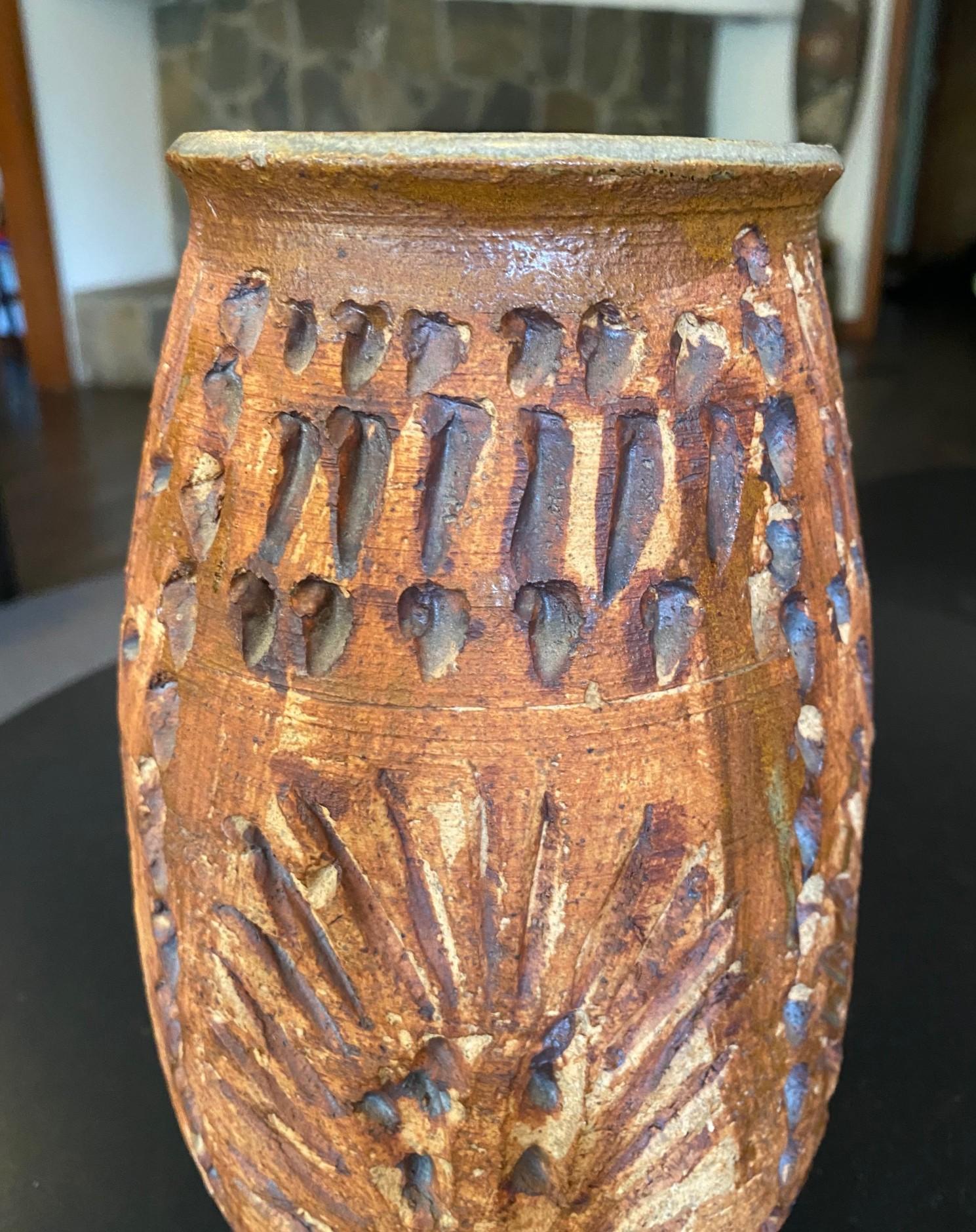 American Mid Century Modern Signed Large Heavy Stoneware California Studio Pottery Vase For Sale