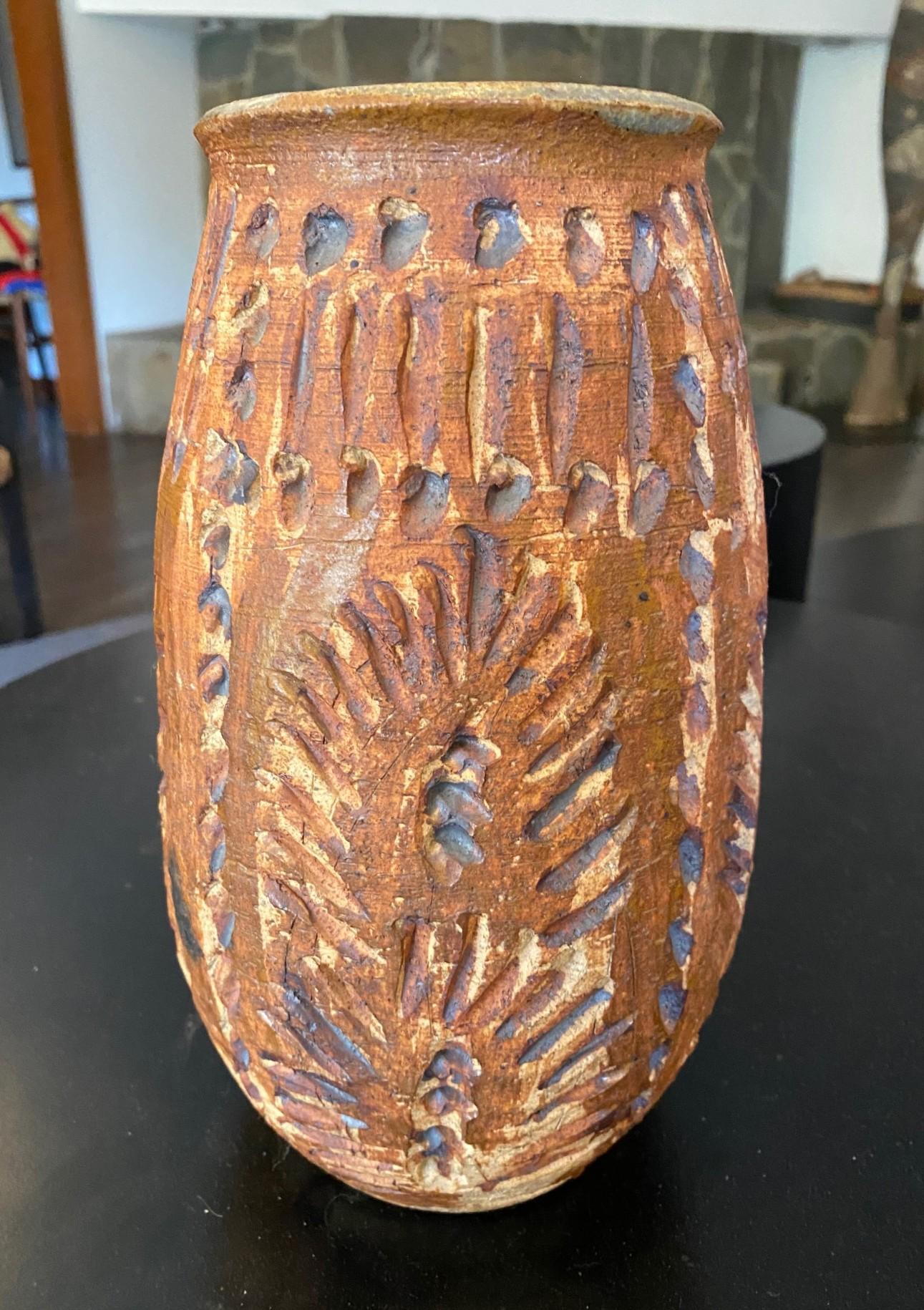 Mid Century Modern Signed Large Heavy Stoneware California Studio Pottery Vase For Sale 2