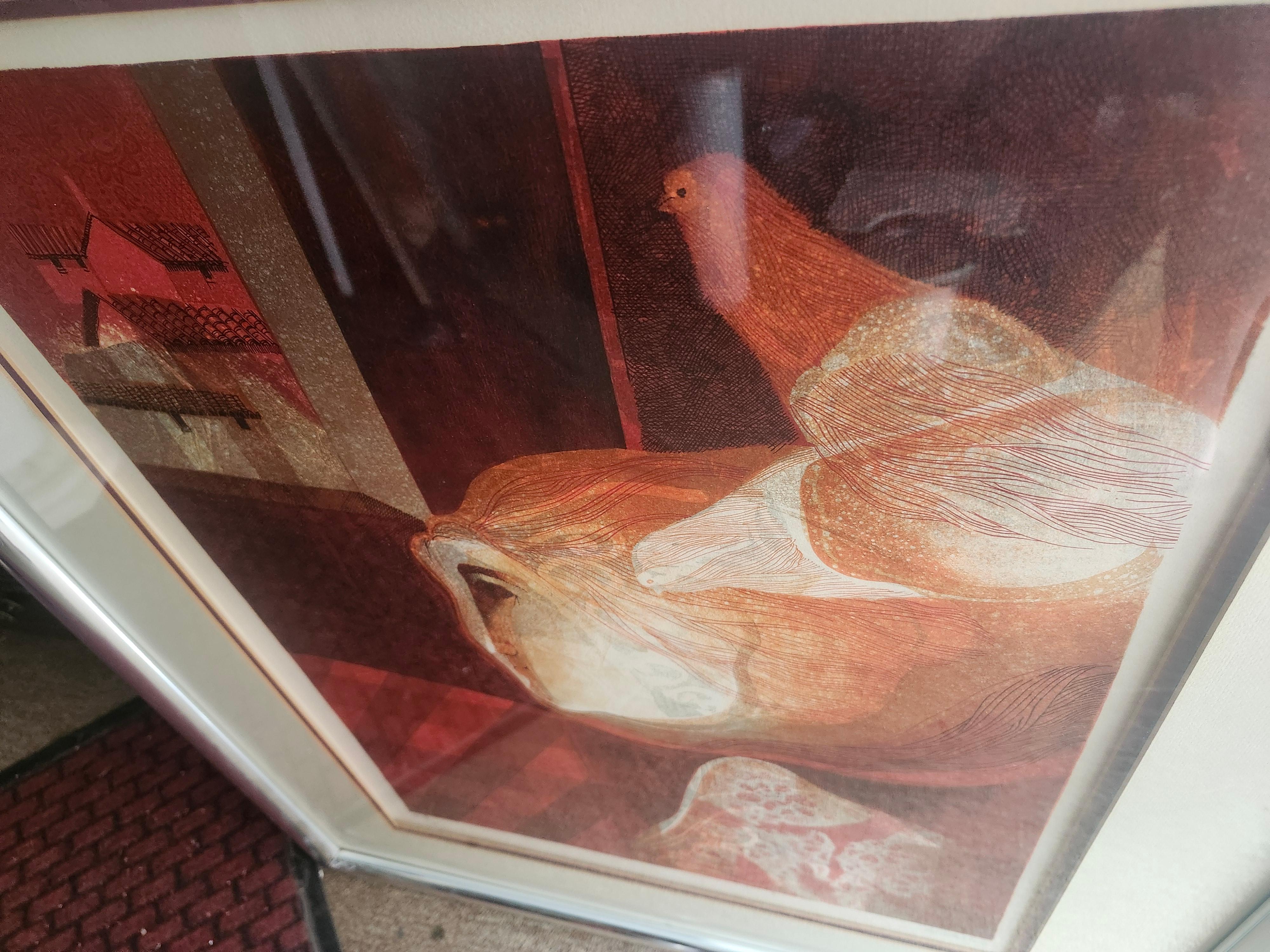 Mitte des Jahrhunderts Modern Signiert Nummeriert Litho Frau mit Taube Alvar Sunol Munos-Ramos im Angebot 3