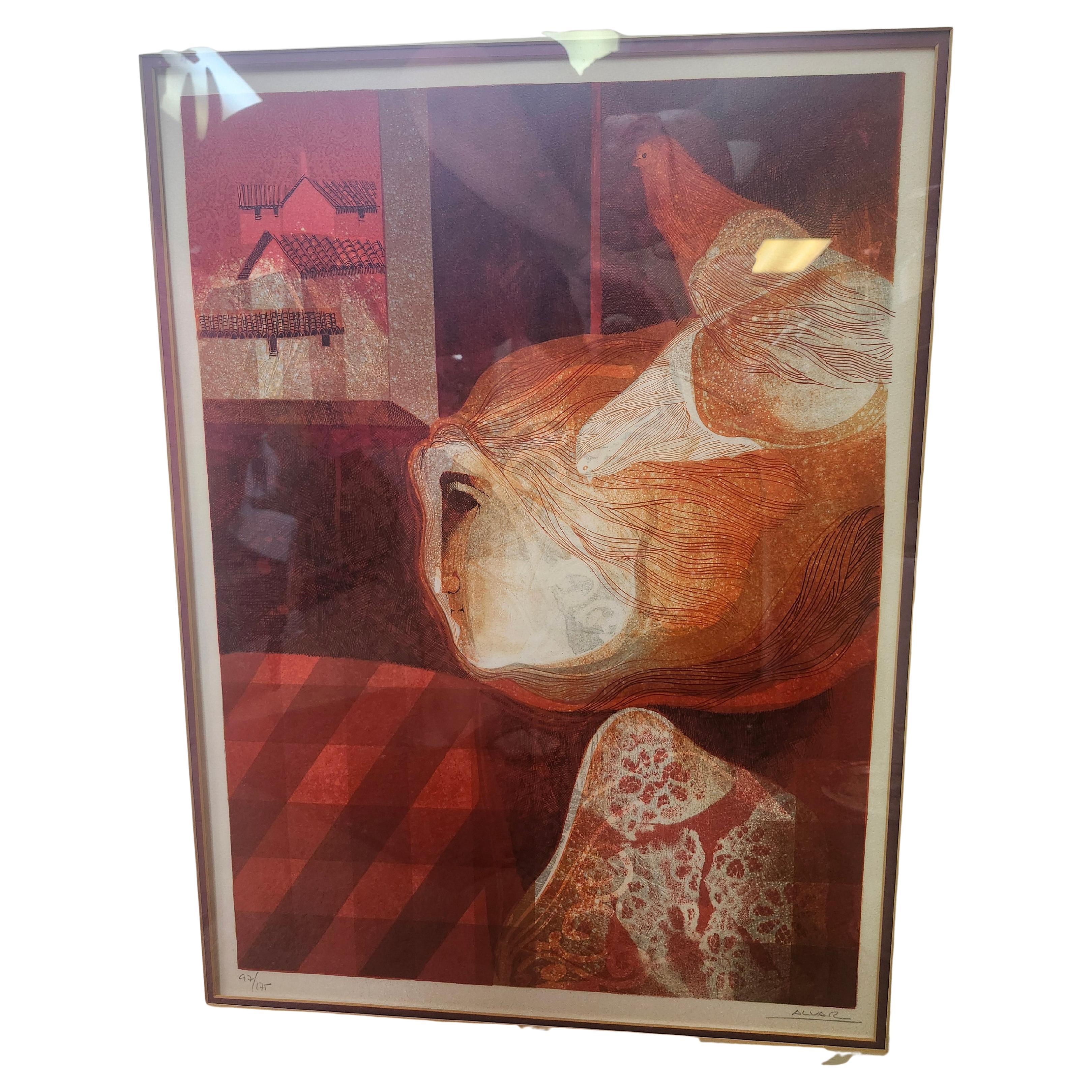 Fabelhafte signierte und nummerierte ( 97/ 175) Lithographie einer Frau mit Tauben in abstrakter Manier von Alvar Sunol Munoz-Ramos. Hochwertige Doppelmattierung mit  Rahmen aus poliertem Aluminium unter Glas. Bitte sehen Sie sich alle Bilder an, da