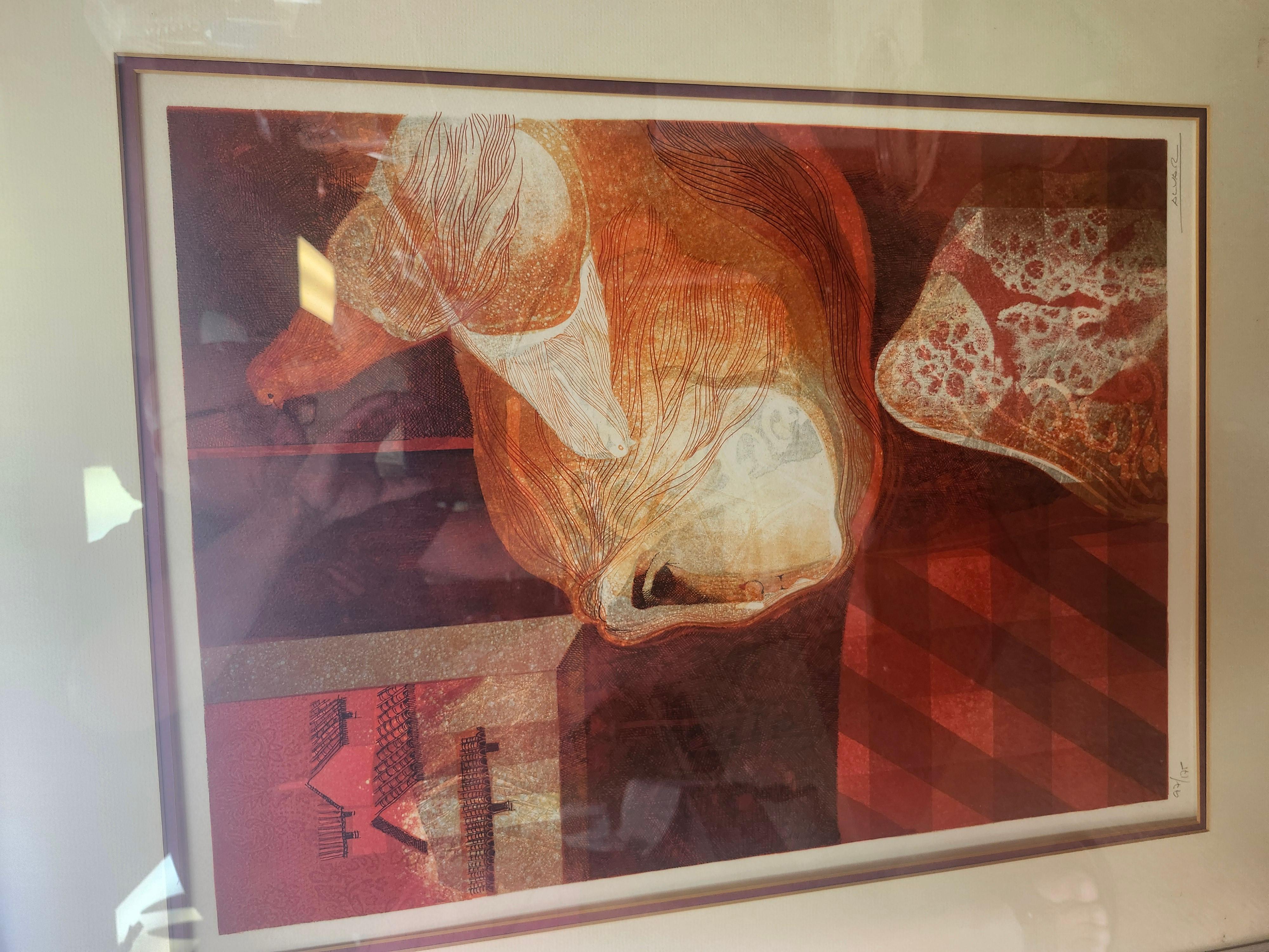 Mitte des Jahrhunderts Modern Signiert Nummeriert Litho Frau mit Taube Alvar Sunol Munos-Ramos im Zustand „Gut“ im Angebot in Port Jervis, NY