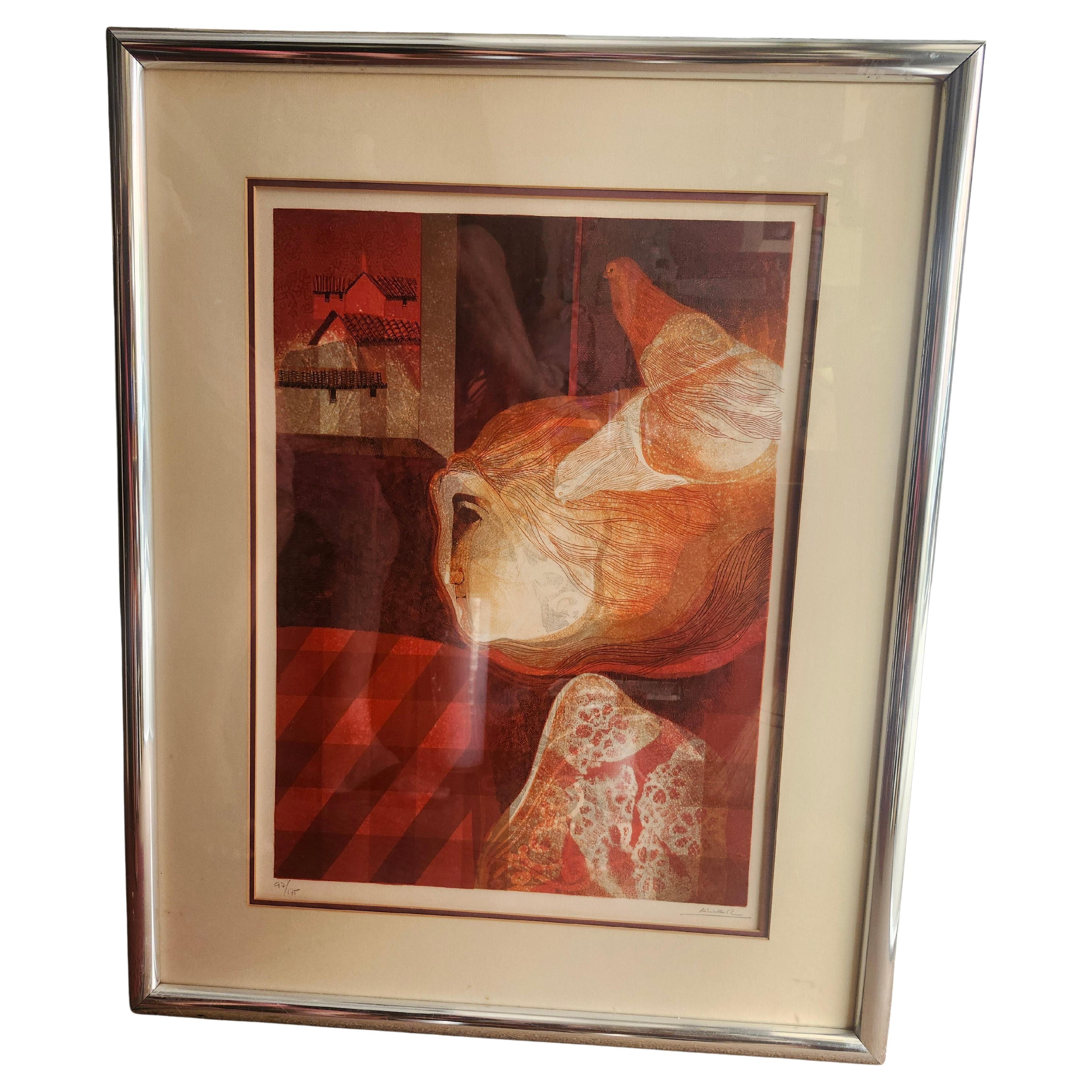 Mitte des Jahrhunderts Modern Signiert Nummeriert Litho Frau mit Taube Alvar Sunol Munos-Ramos im Angebot
