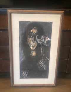 Mid-Century Modern Signed Oddly Dark Painting of Mysterious Woman Behind Mask