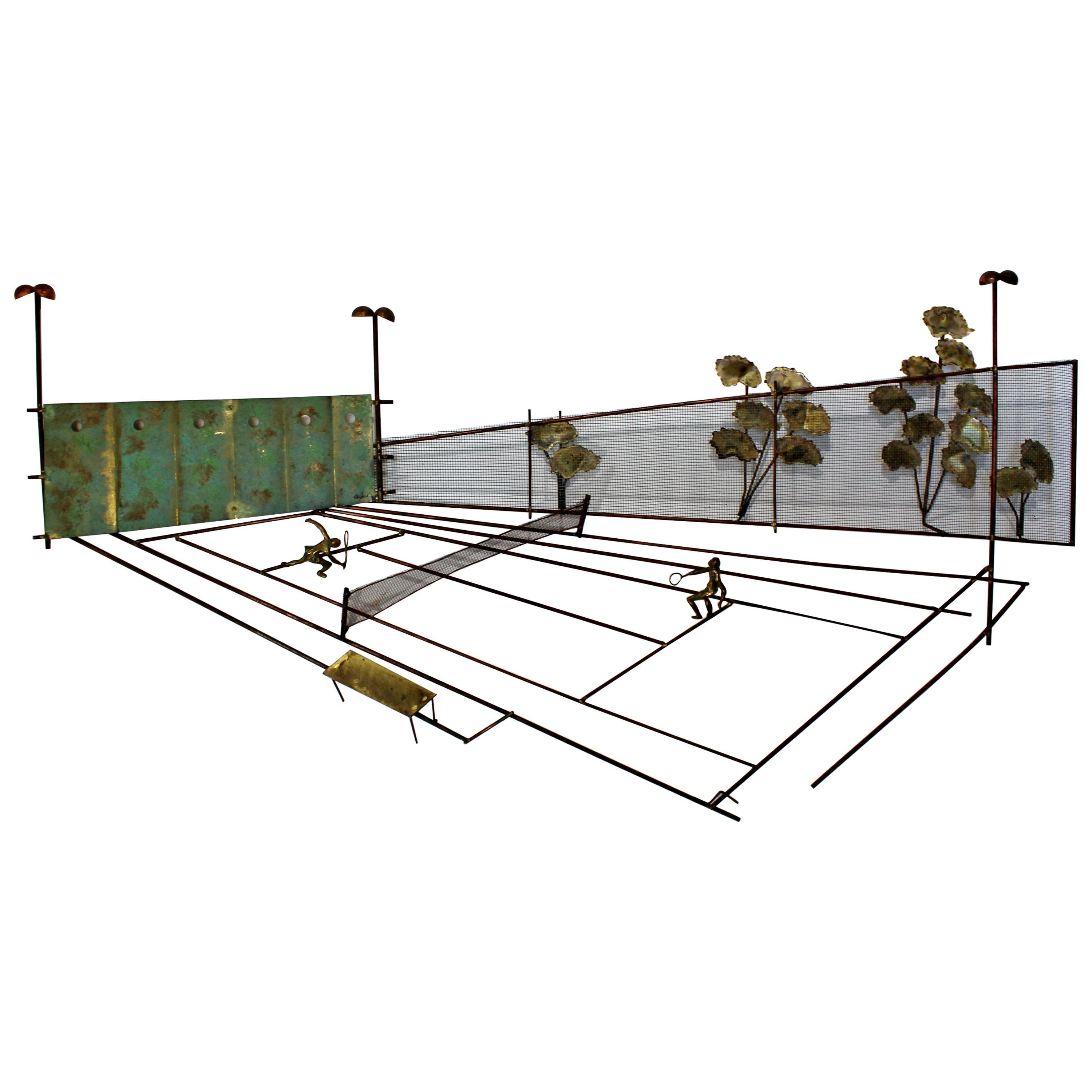 Mid-Century Modern Signed Original Curtis Jere Tennis Match Wall Sculpture 1970s