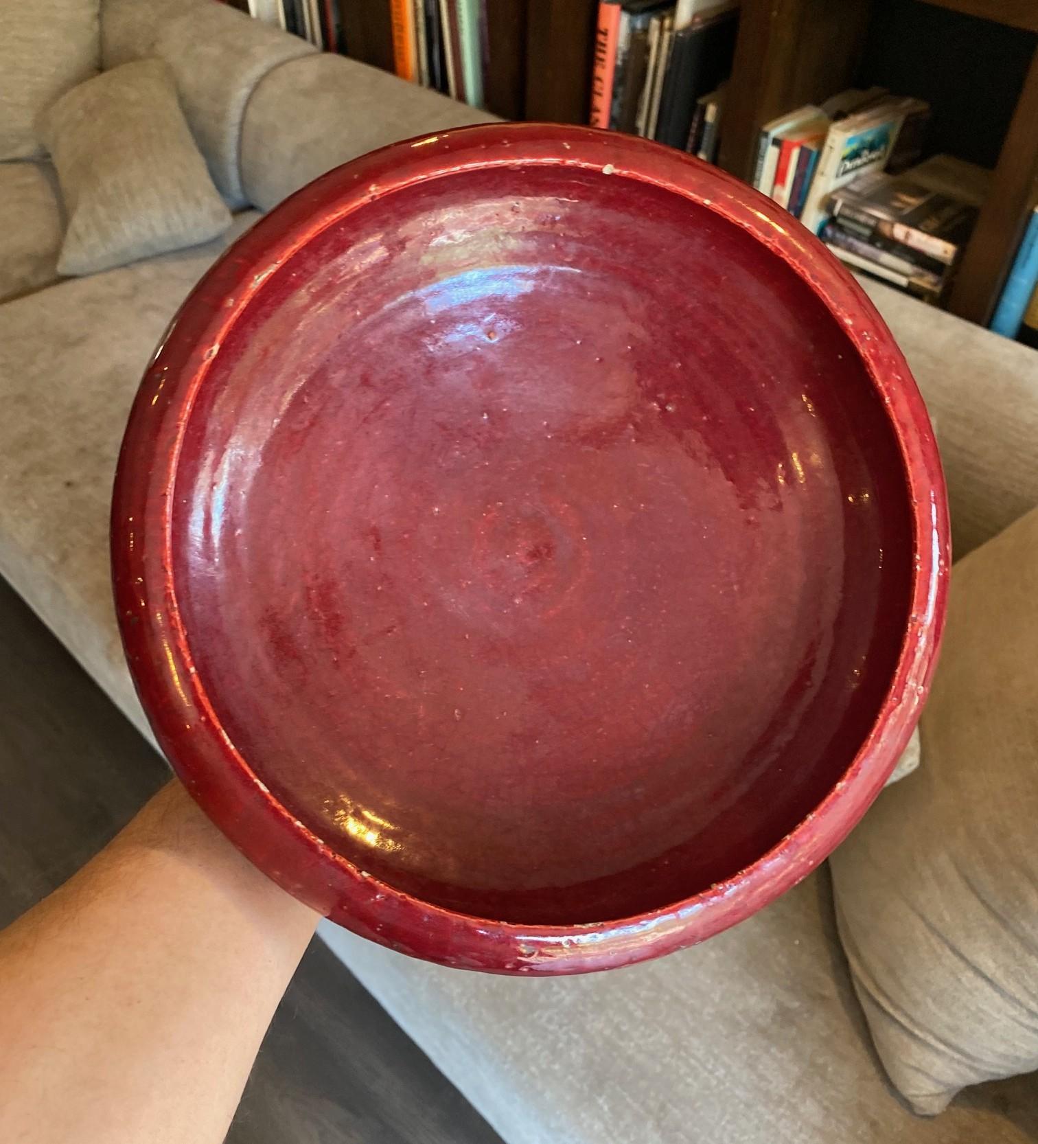 Mid-Century Modern Signed Oxblood Glazed Italian Pottery Bowl Likely Aldo Londi For Sale 13