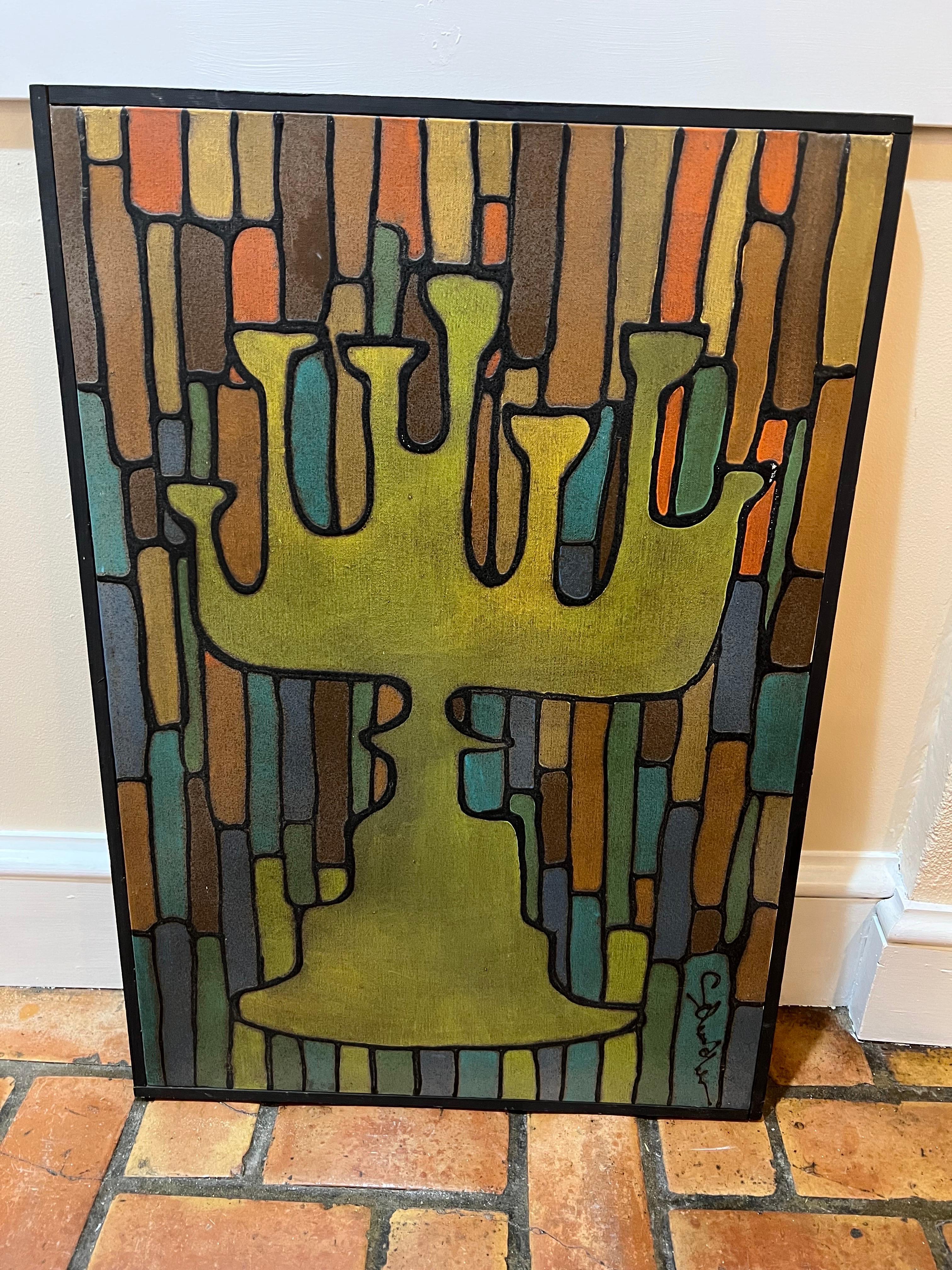 Mid-Century Modern Painting of a Menorah. Signed illegibly lower right corner. Nice earth tones to warm up your home. Inscription on rear side of artwork. Unfortunately missing half of the information. $49 to domestically parcel ship.
    