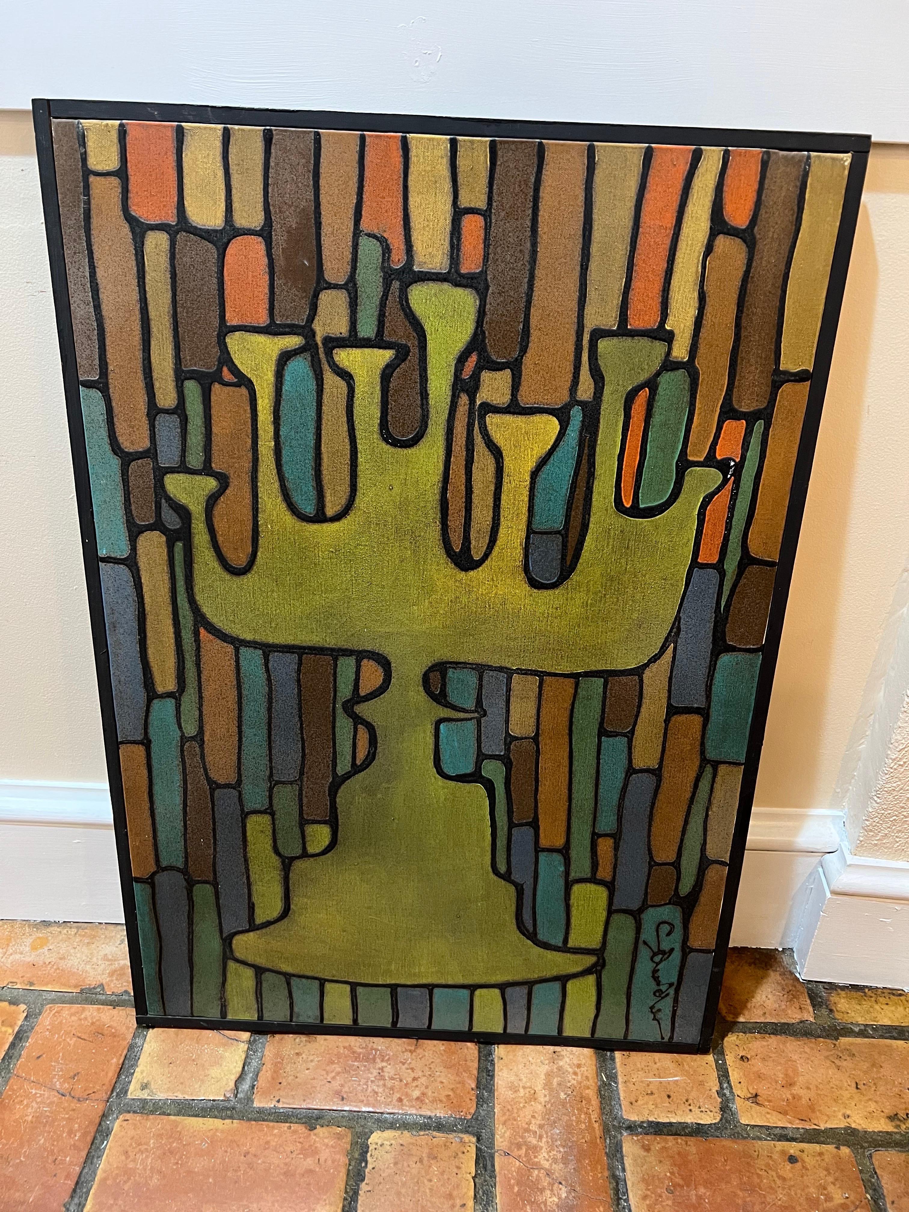 Mid-Century Modern Signed Painting of a Menorah In Good Condition For Sale In Redding, CT