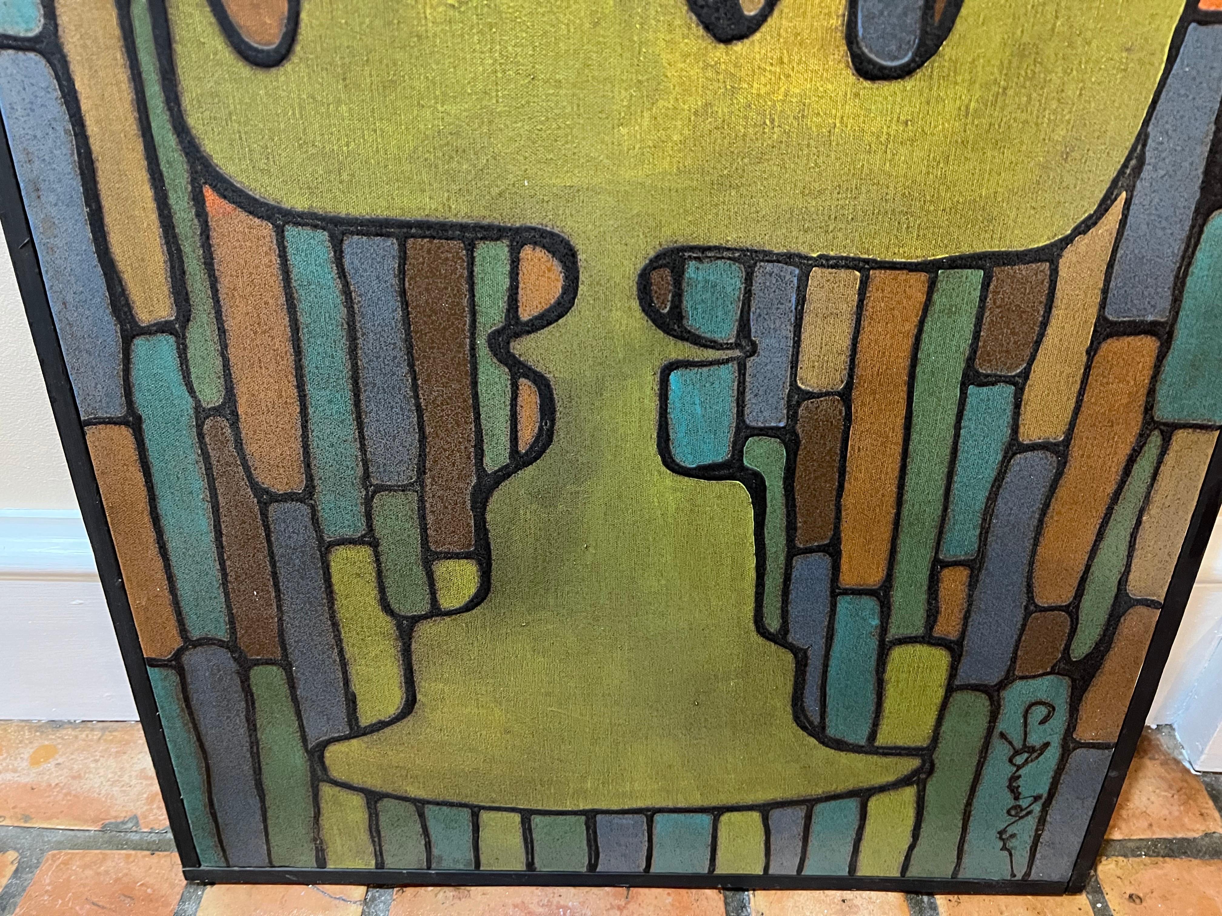 Canvas Mid-Century Modern Signed Painting of a Menorah For Sale
