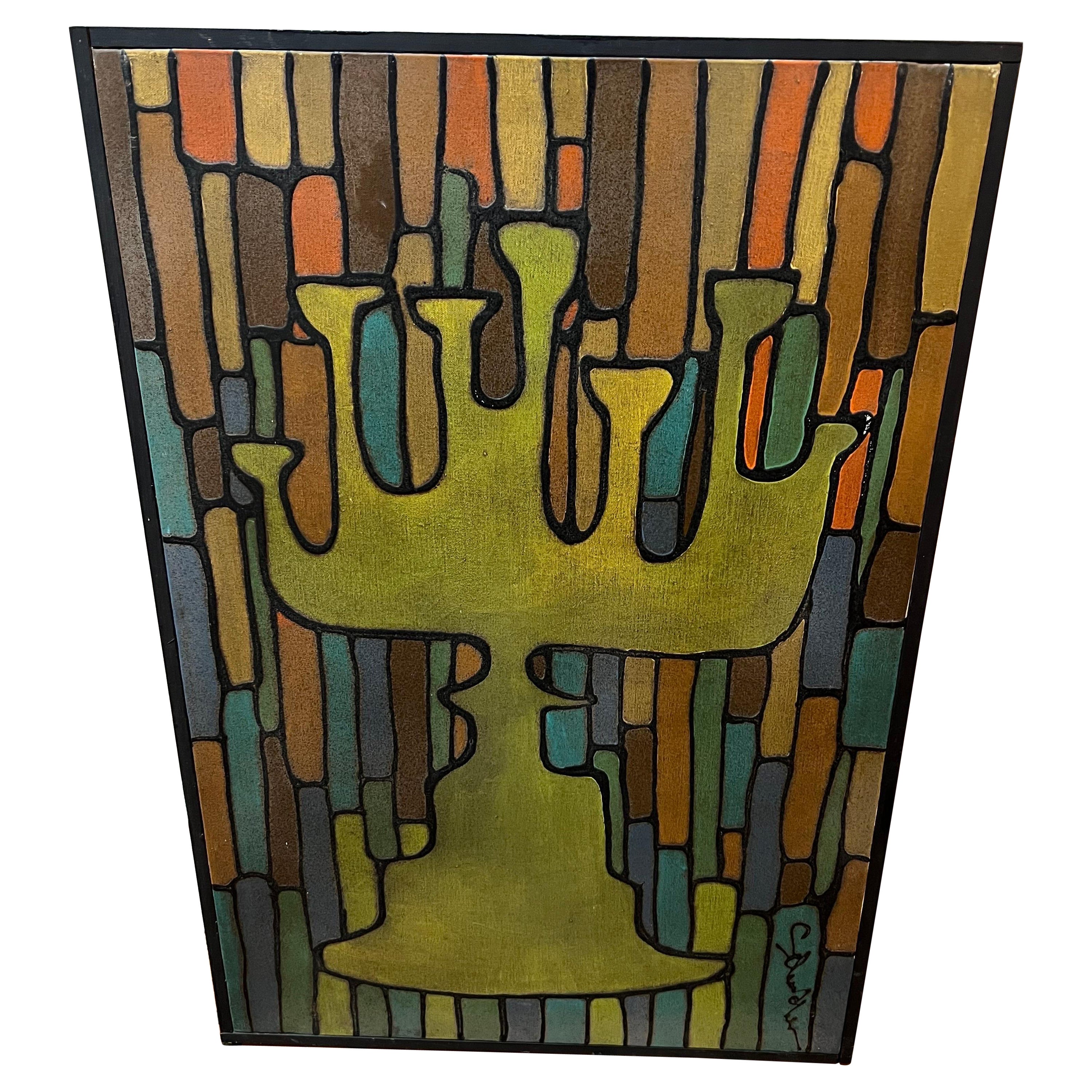 Signiertes Gemälde einer Menorah, Mid-Century Modern