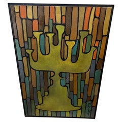 Signiertes Gemälde einer Menorah, Mid-Century Modern