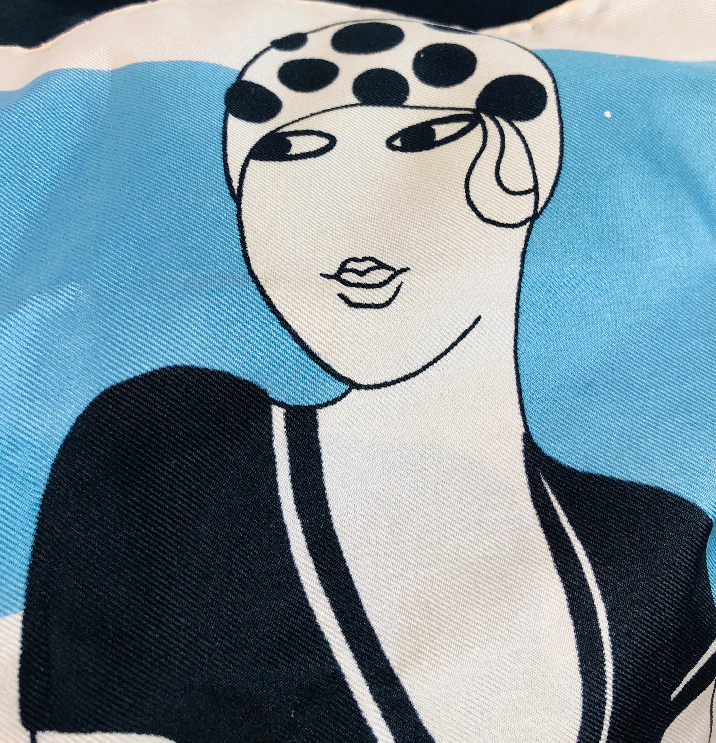 Pierre Cardin Black Blue and Ivory Silk Scarf with Cotton Back Decorative Pillow For Sale 11