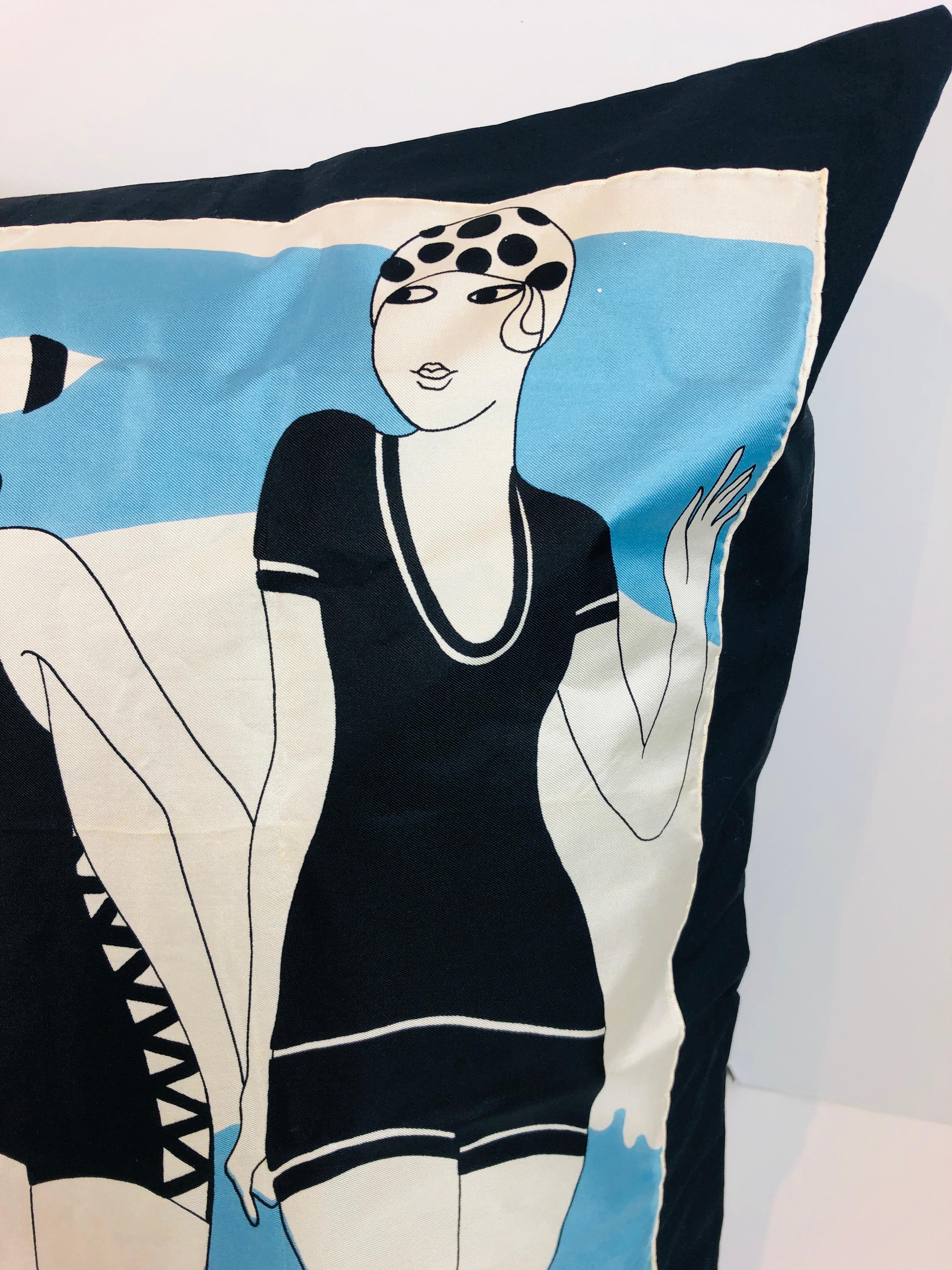 Pierre Cardin Black Blue and Ivory Silk Scarf with Cotton Back Decorative Pillow In Good Condition For Sale In Houston, TX