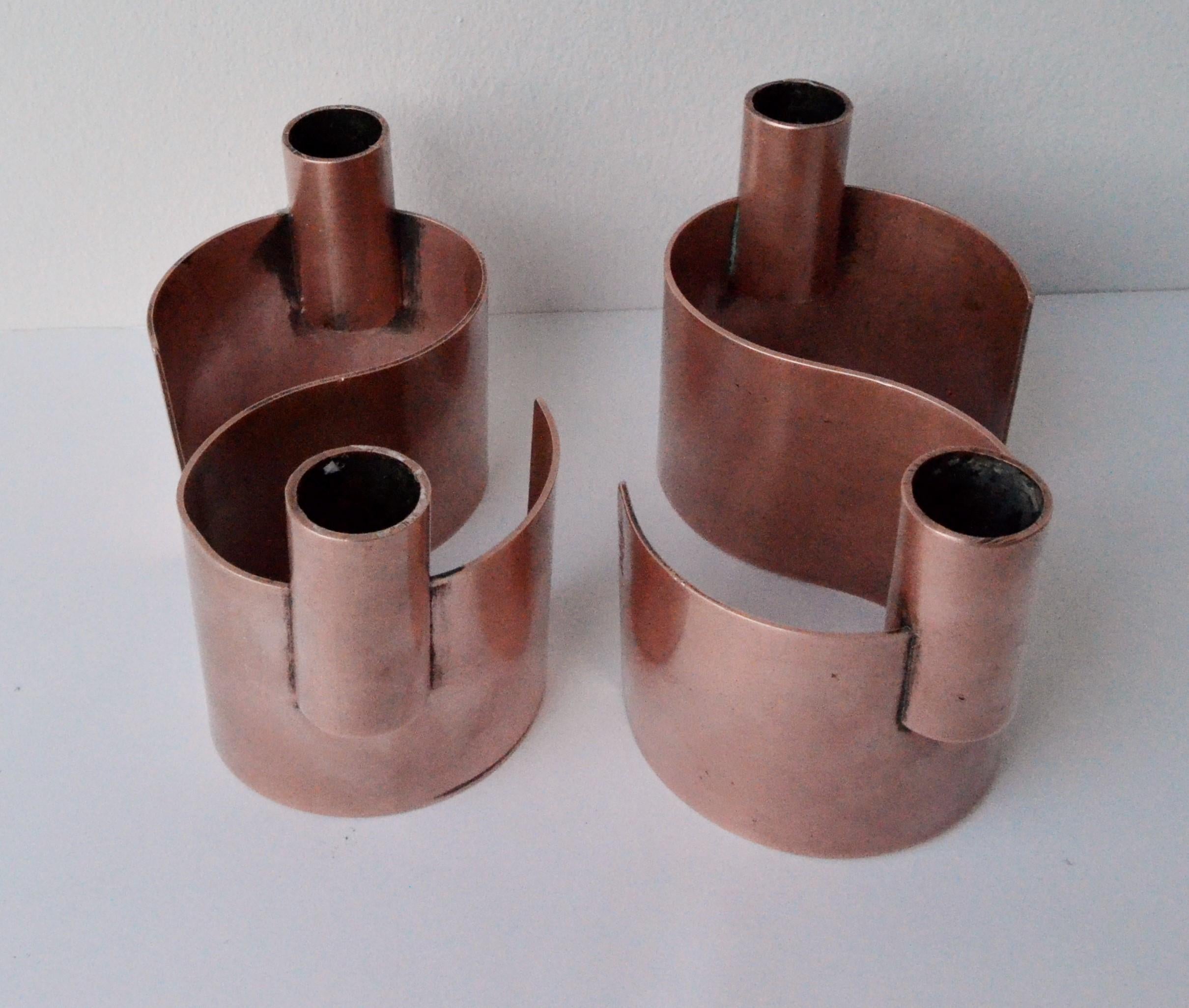 Mexican Pair of S-Form with 2 Candelabras Each Rebajes Copper Candlestick Holders For Sale