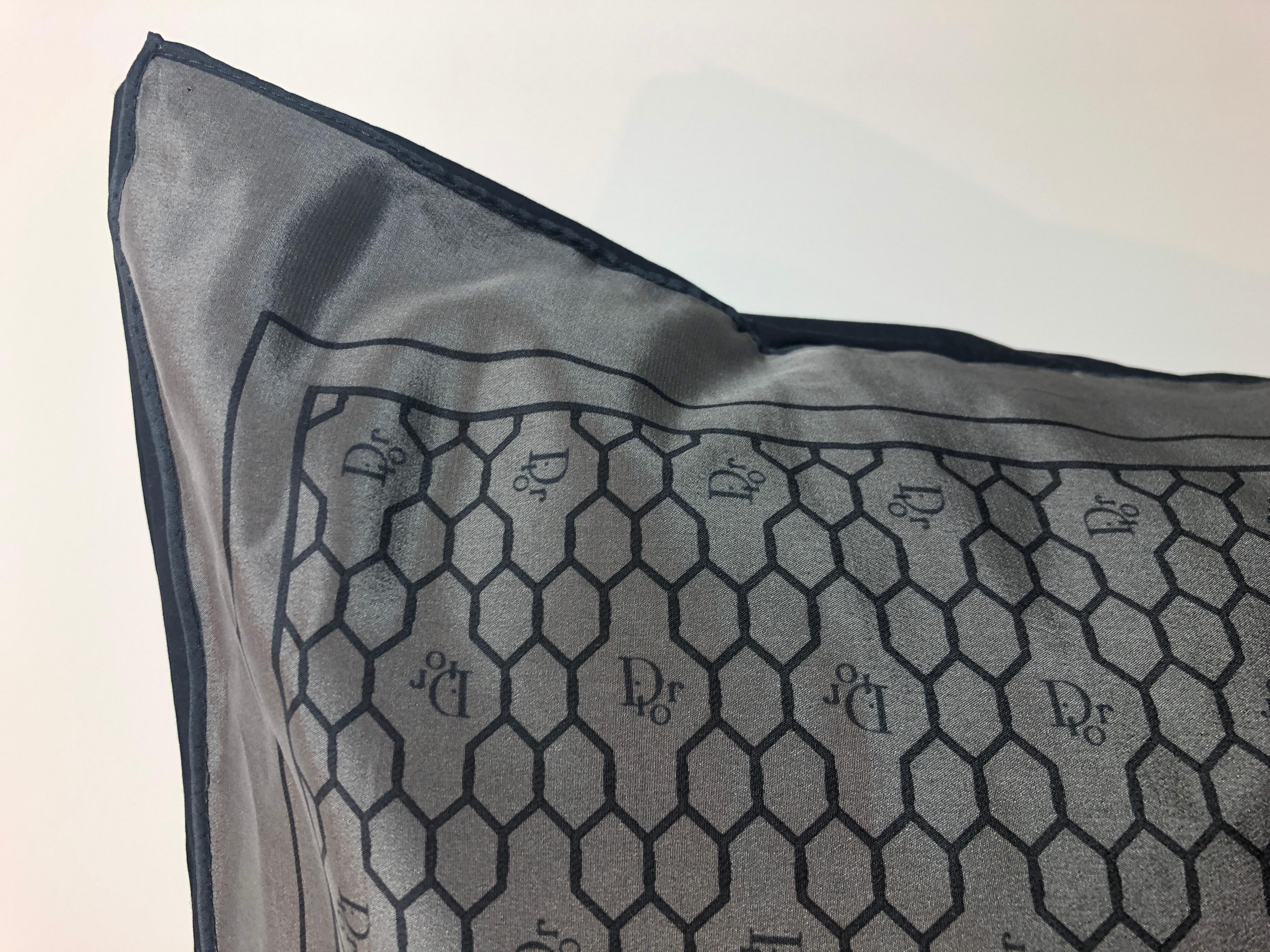 Offered is a Mid-Century Modern signed retro black and gray beehive pattern logo silk scarf with backing in black cotton percale and poly fill insert decorative pillow. The word 