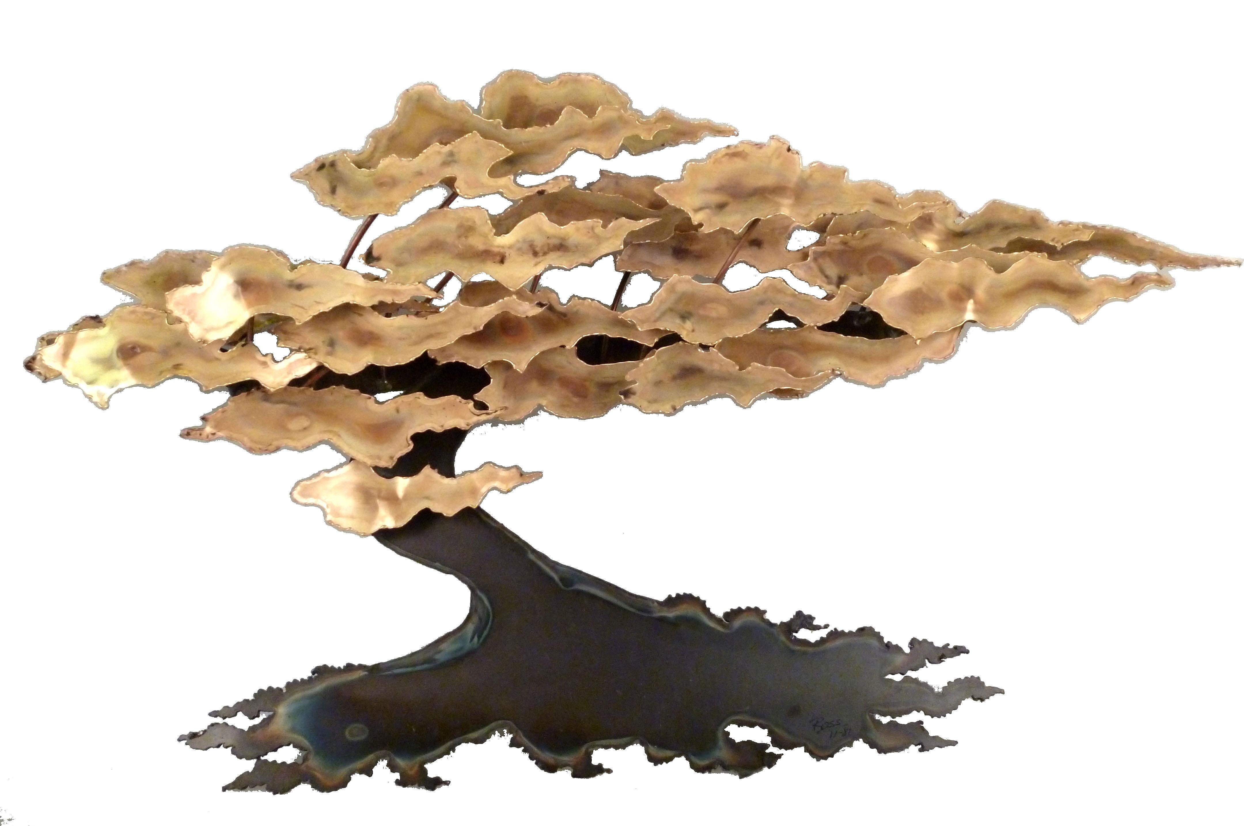 Mid-Century Modern Signed Ross Brass & Metal Tree Wall Sculpture, Wall Art 1981 In Good Condition In Miami, FL