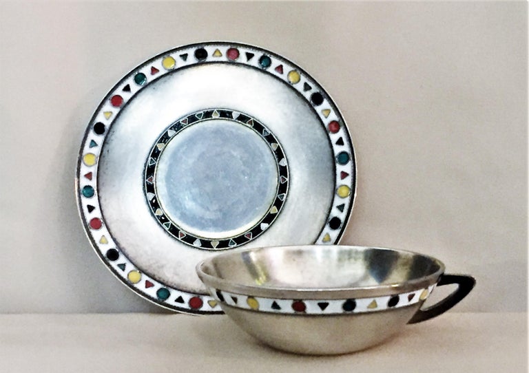 Enameled Mid-Century Modern Silver 916° and Enamel Set of 8 Coffee Cups & Saucers, 1960s For Sale