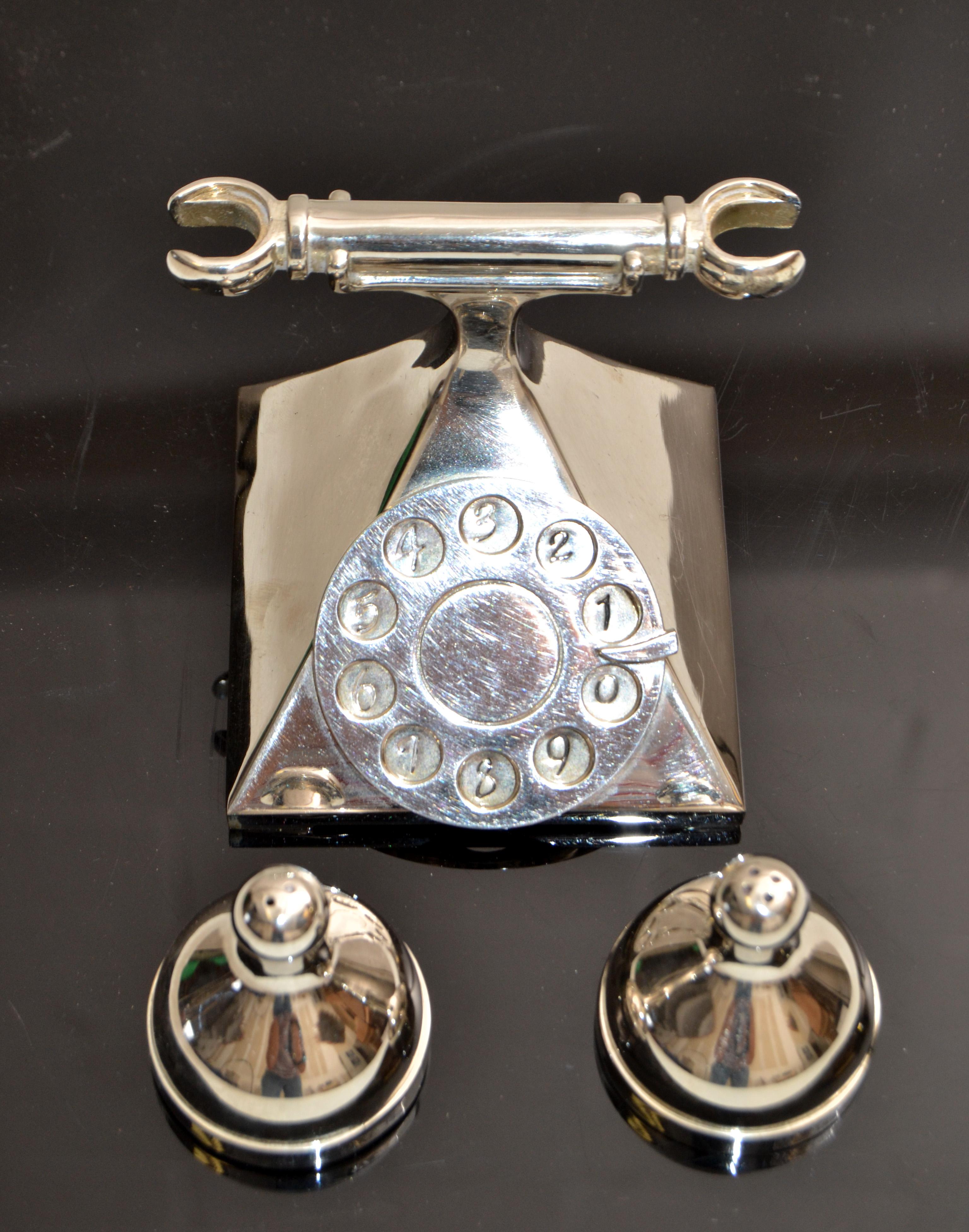 American Mid-Century Modern Silver Antique Telephone Salt & Pepper Shaker