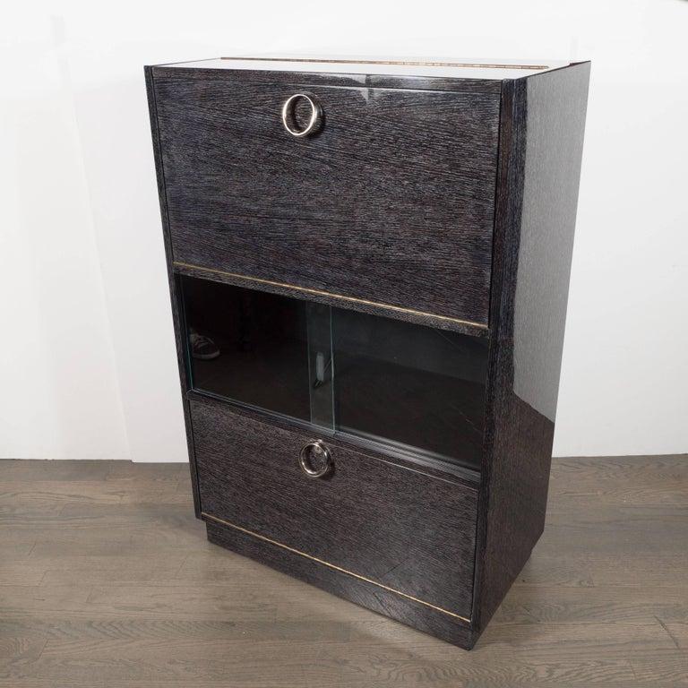 Mid-Century Modern Silver Cerused Oak Dry Bar with Nickeled Pulls In Excellent Condition In New York, NY