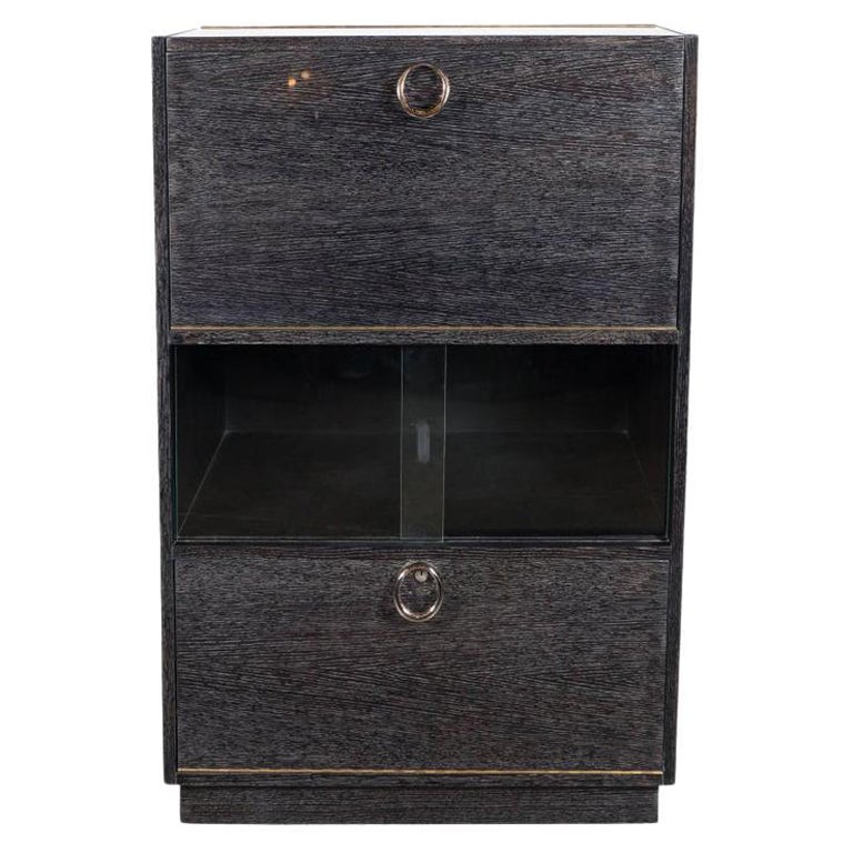 Mid-Century Modern Silver Cerused Oak Dry Bar with Nickeled Pulls