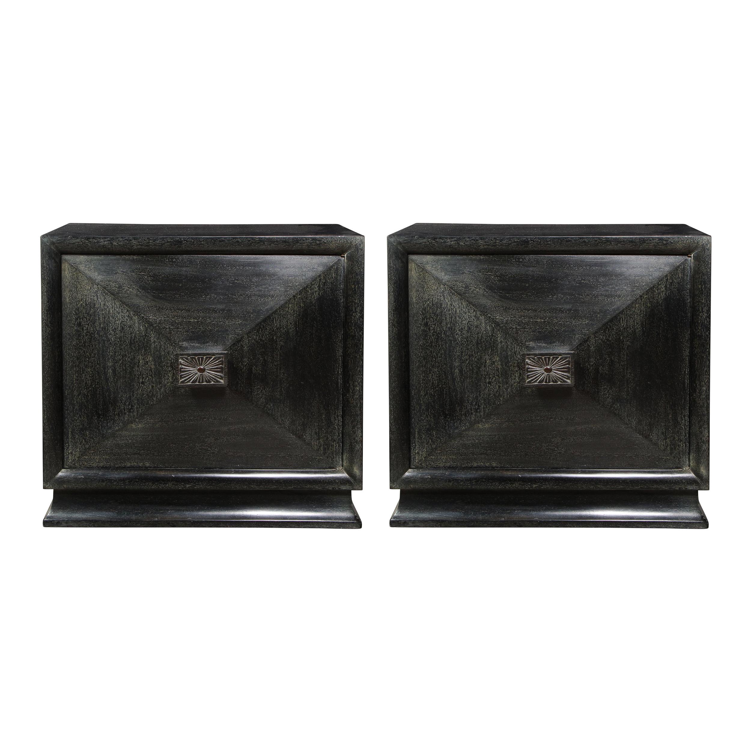 Mid-Century Modern Silver Cerused Oak Nightstands with Etched Sunburst Pulls