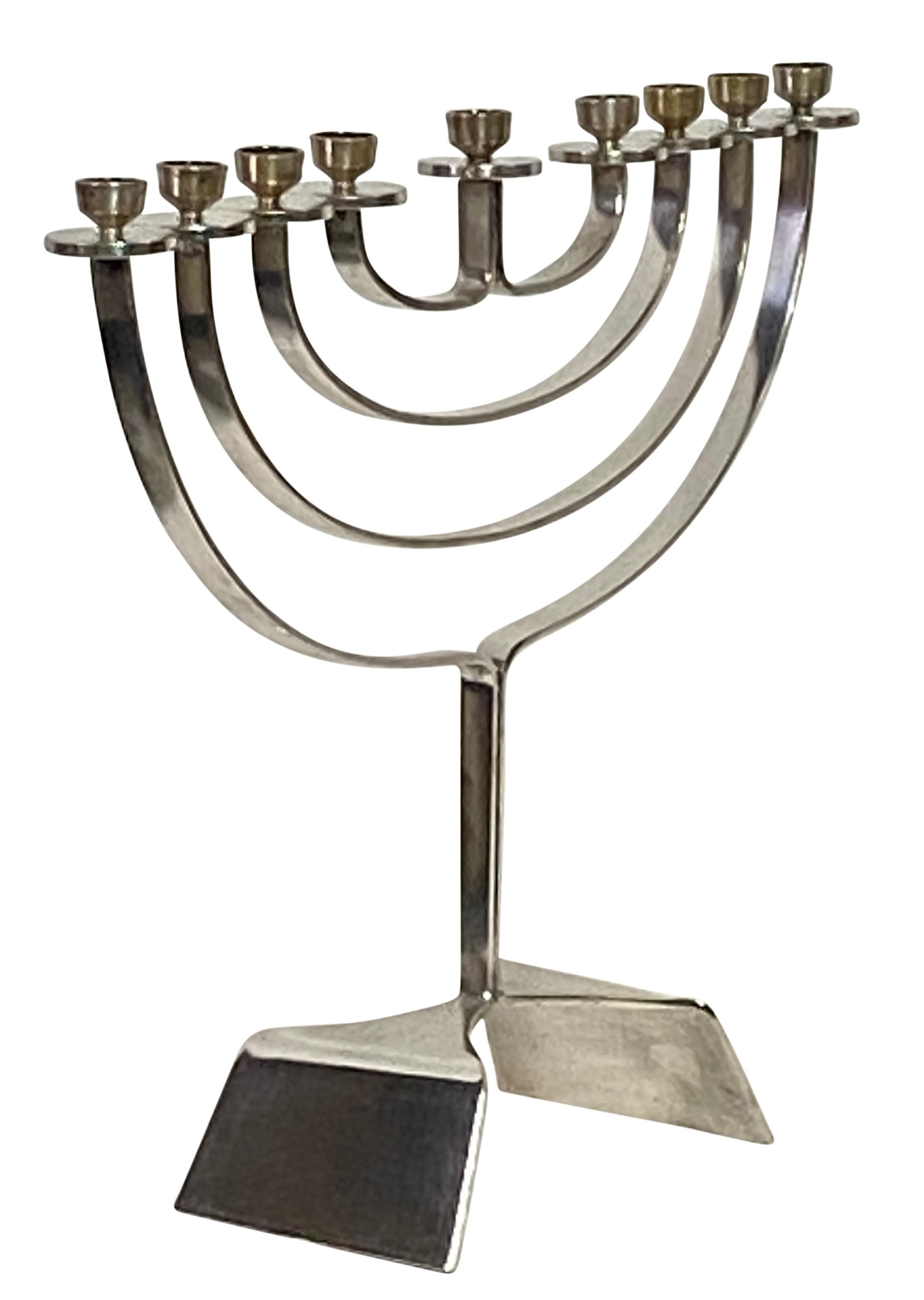 Mid Century Modern Silver Plate and Brass Menorah Candle Holder In Good Condition For Sale In San Francisco, CA