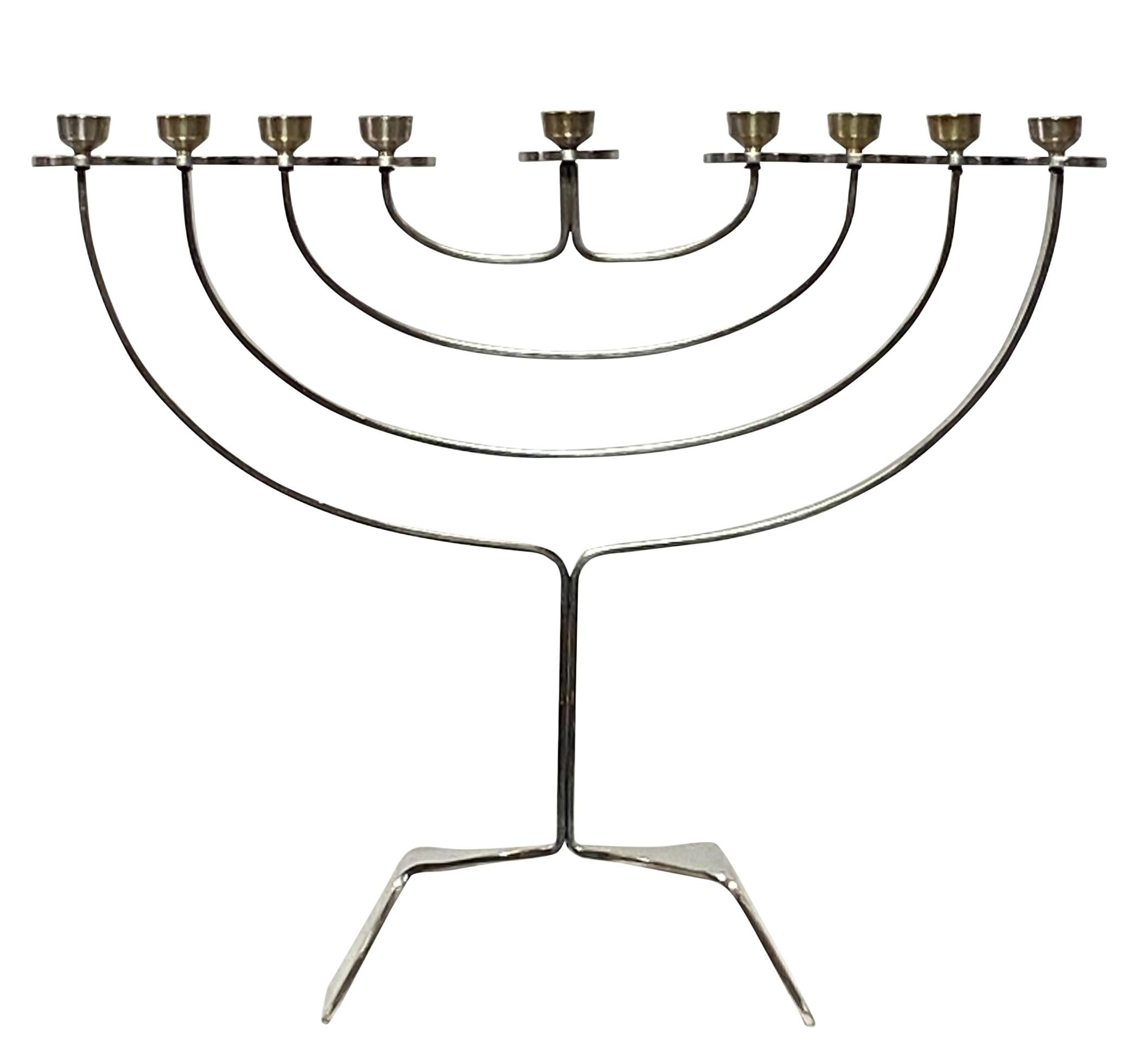 20th Century Mid Century Modern Silver Plate and Brass Menorah Candle Holder For Sale