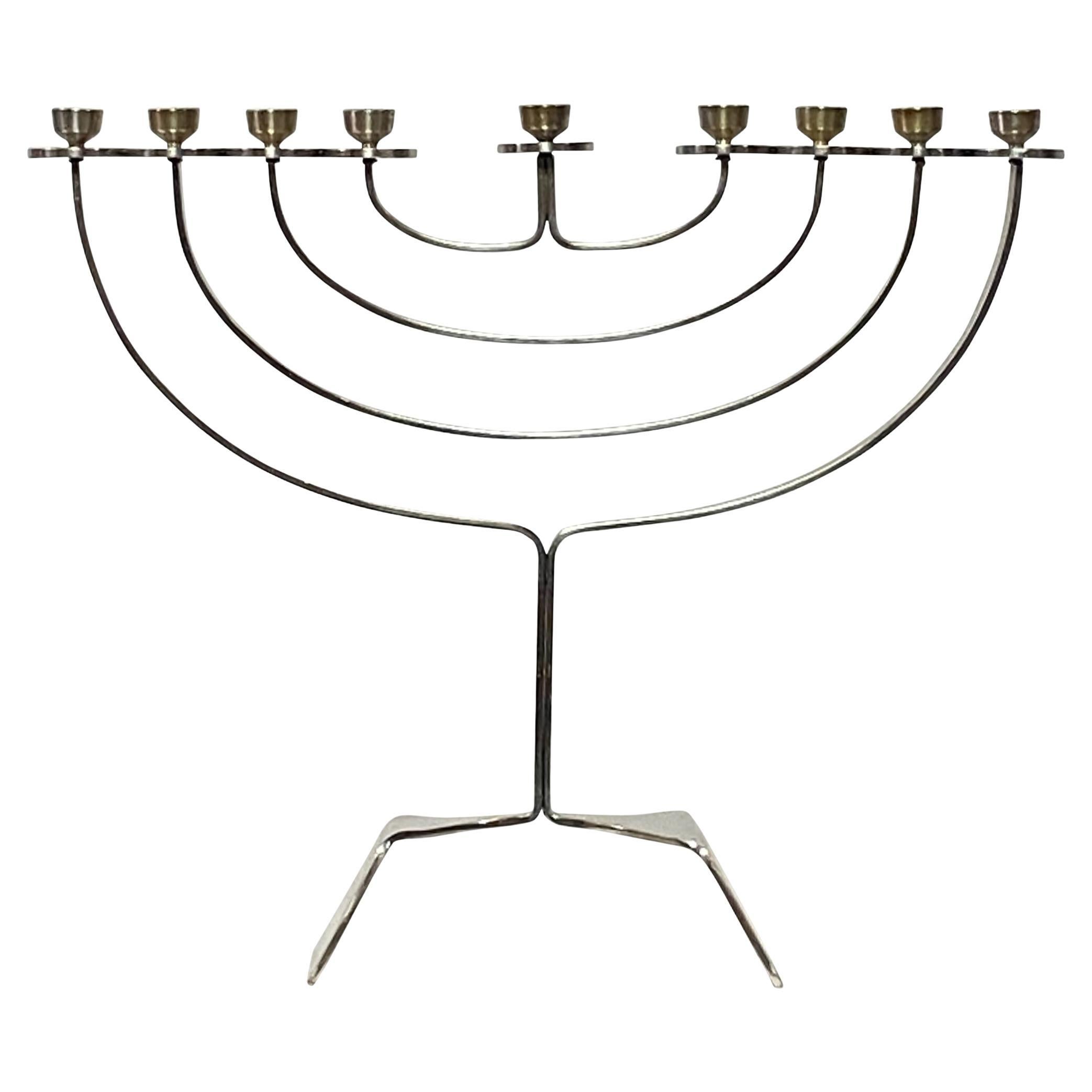 Mid Century Modern Silver Plate and Brass Menorah Candle Holder For Sale
