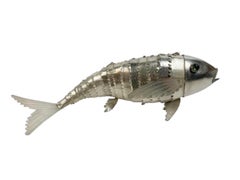 Mid-Century Modern Silver Plate Articulated Model of a Fish w/ Green Glass Eyes