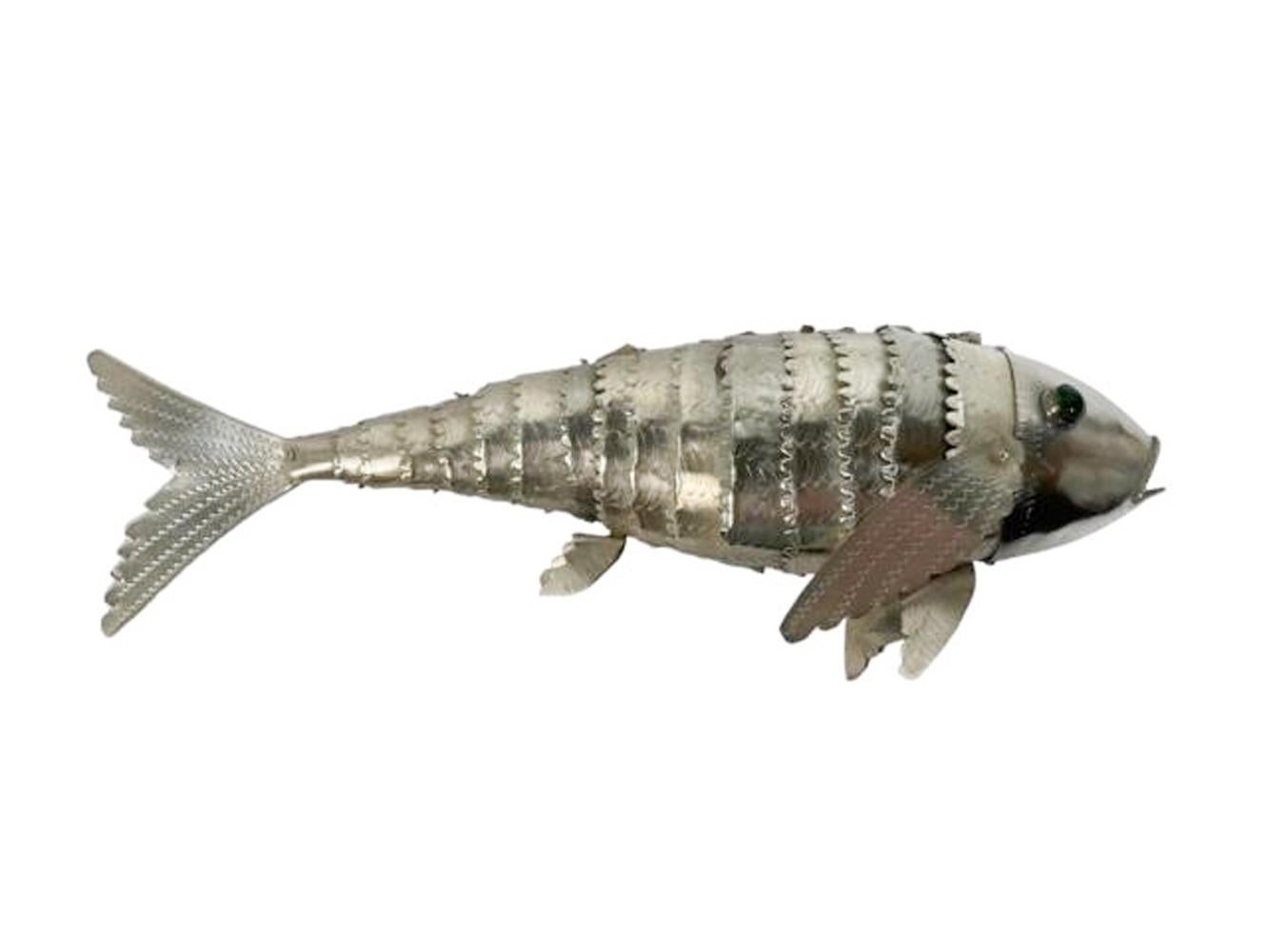 Mexican Mid-Century Modern Silver Plate Articulated Model of a Fish w/ Green Glass Eyes For Sale