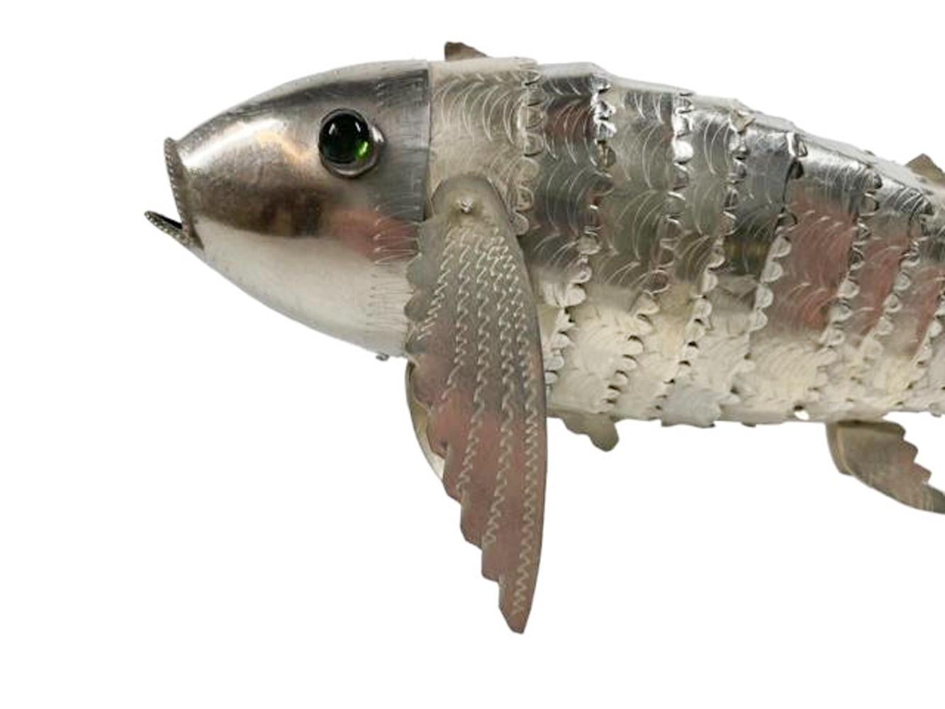 20th Century Mid-Century Modern Silver Plate Articulated Model of a Fish w/ Green Glass Eyes For Sale
