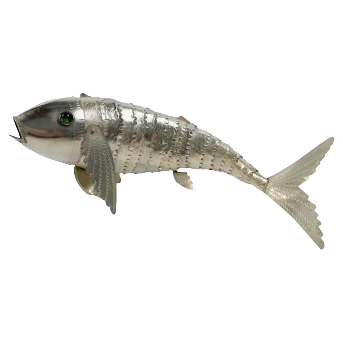 Mid-Century Modern Silver Plate Articulated Model of a Fish w/ Green Glass Eyes For Sale