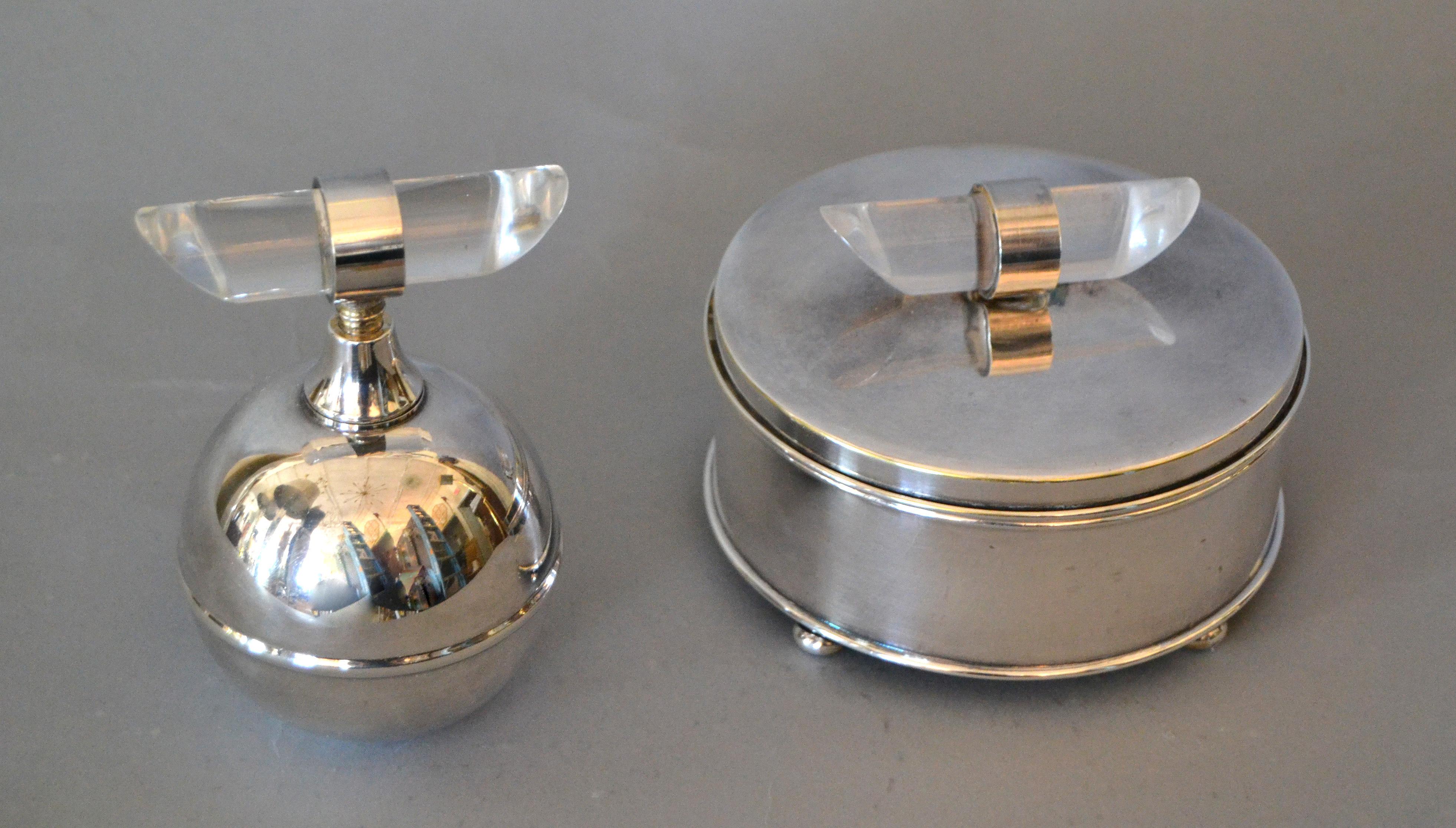 Mid-Century Modern Silver Plate & Lucite Vanity Set Perfume Bottle & Powder Box For Sale 6