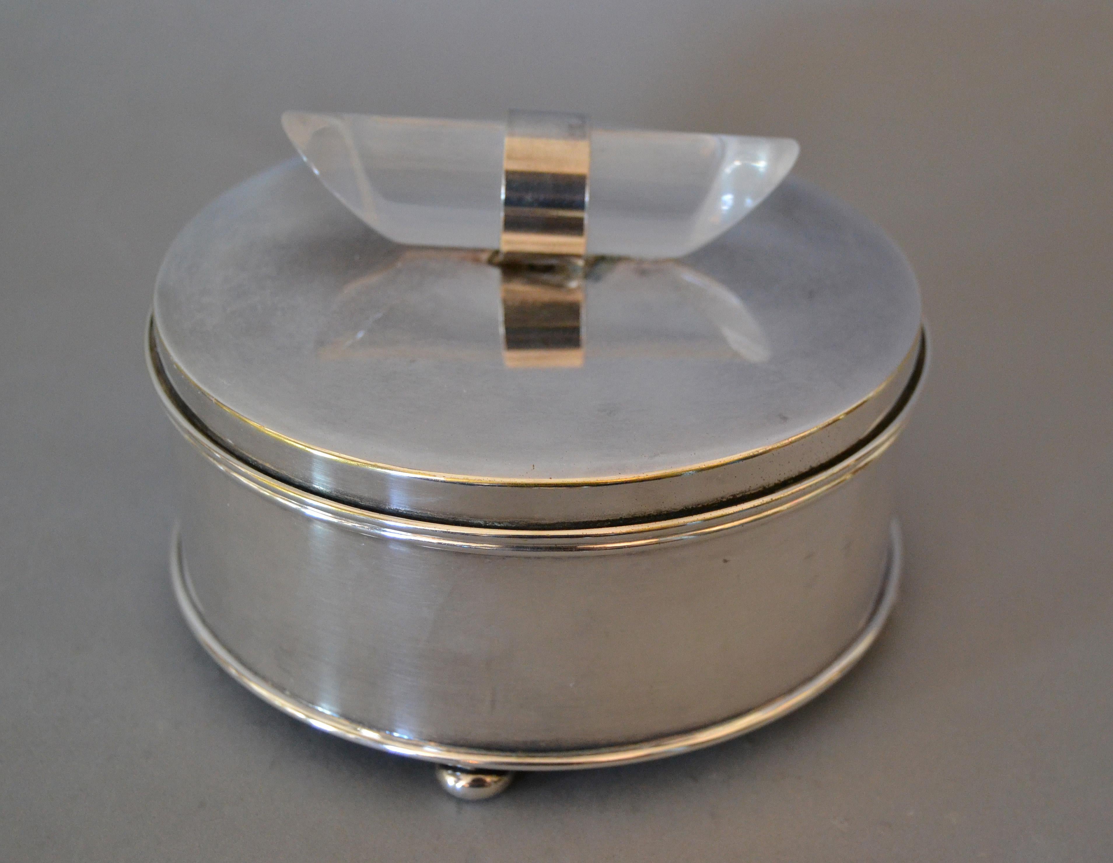 American Mid-Century Modern Silver Plate & Lucite Vanity Set Perfume Bottle & Powder Box For Sale