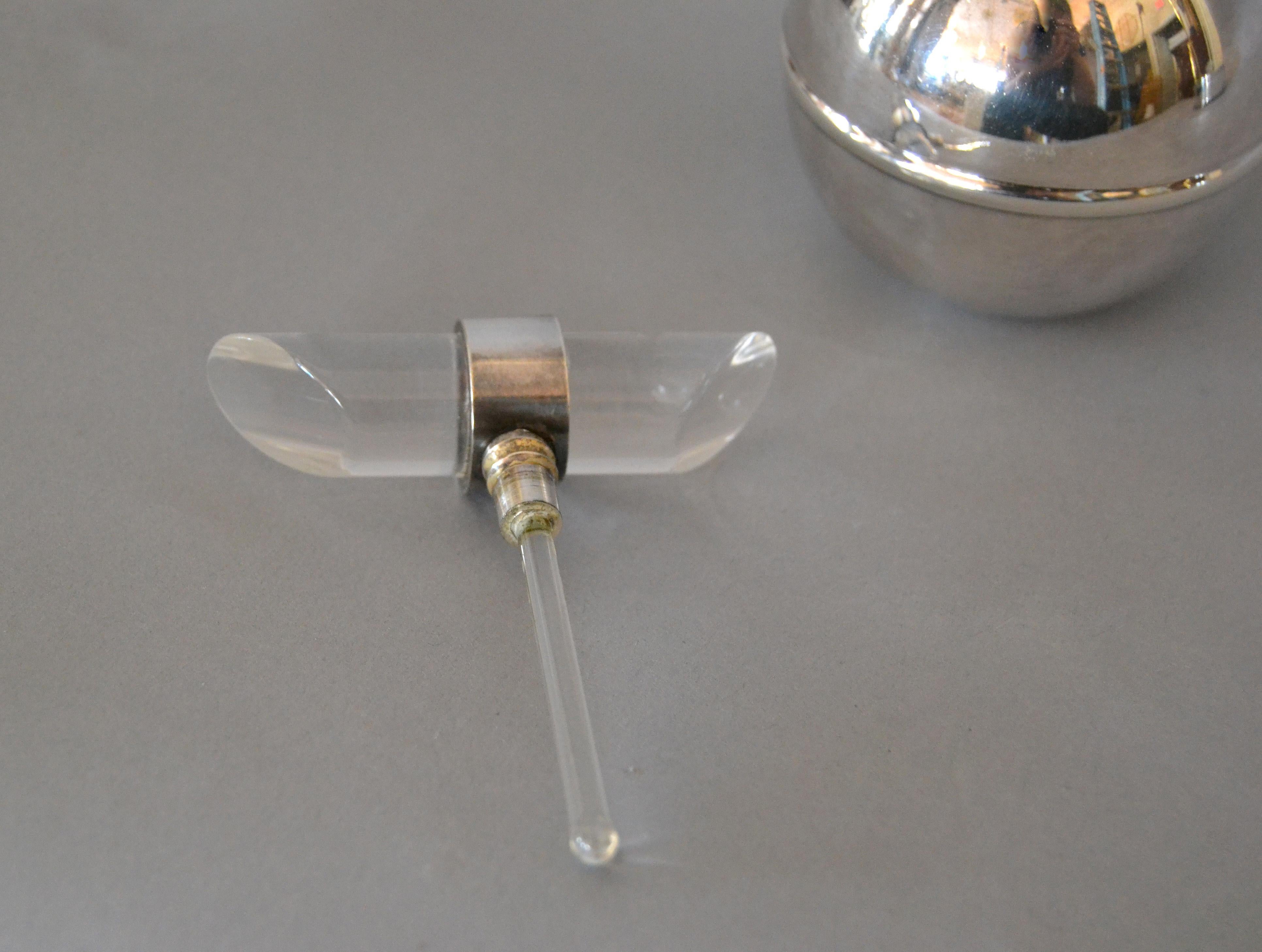 Mid-Century Modern Silver Plate & Lucite Vanity Set Perfume Bottle & Powder Box For Sale 3