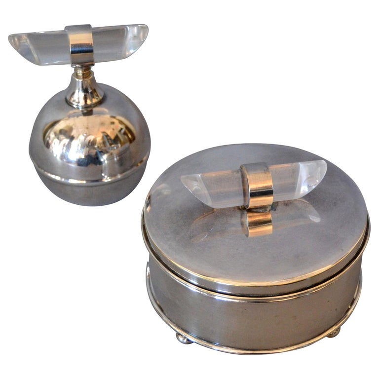Mid Century Modern Silver Plate And Lucite Vanity Set Perfume Bottle And Powder Box For Sale At 1stdibs