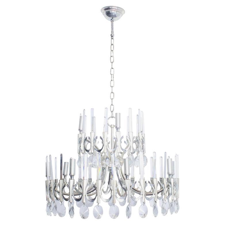 Lampadario moderno di metà secolo in cristallo placcato argento, Gaetano Sciolari Italia 1960