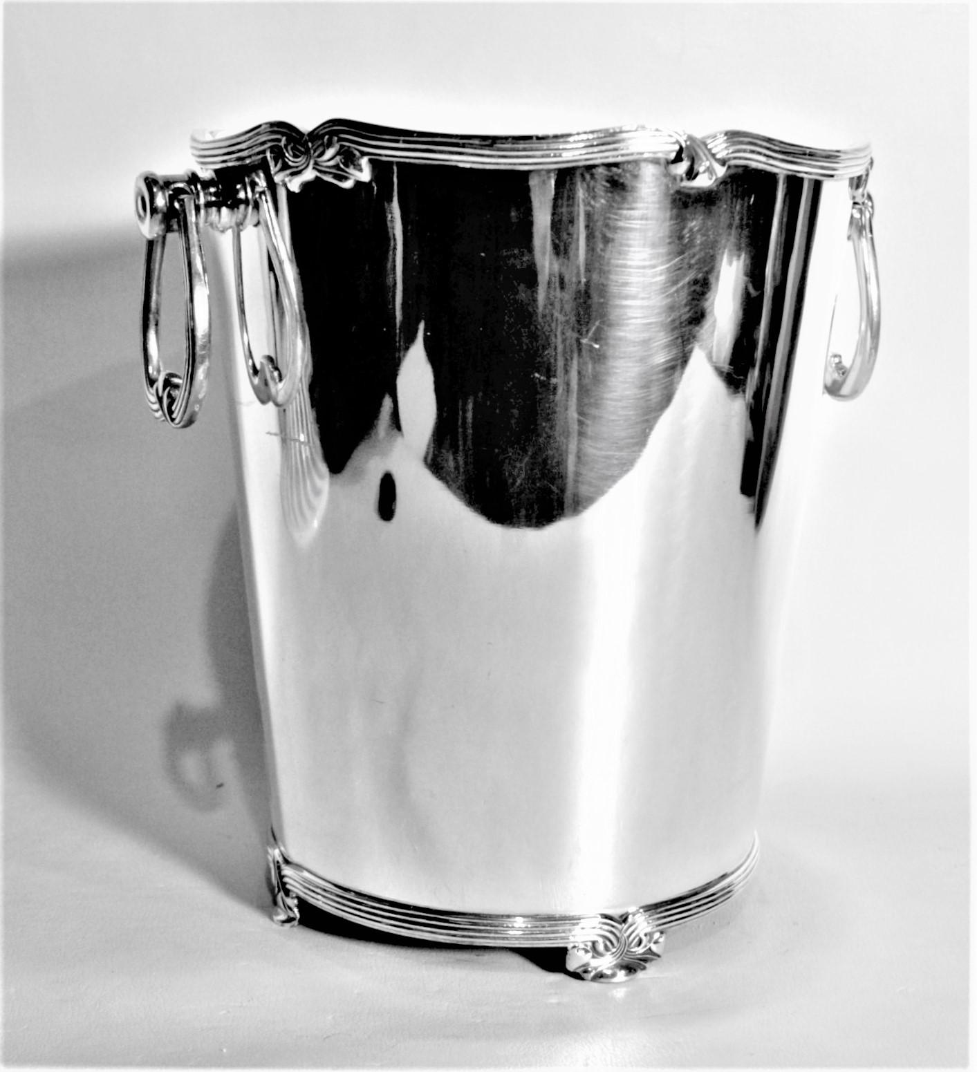 Machine-Made Mid-Century Modern Silver Plated Footed Ice Bucket with Banded Ribbon Accents For Sale