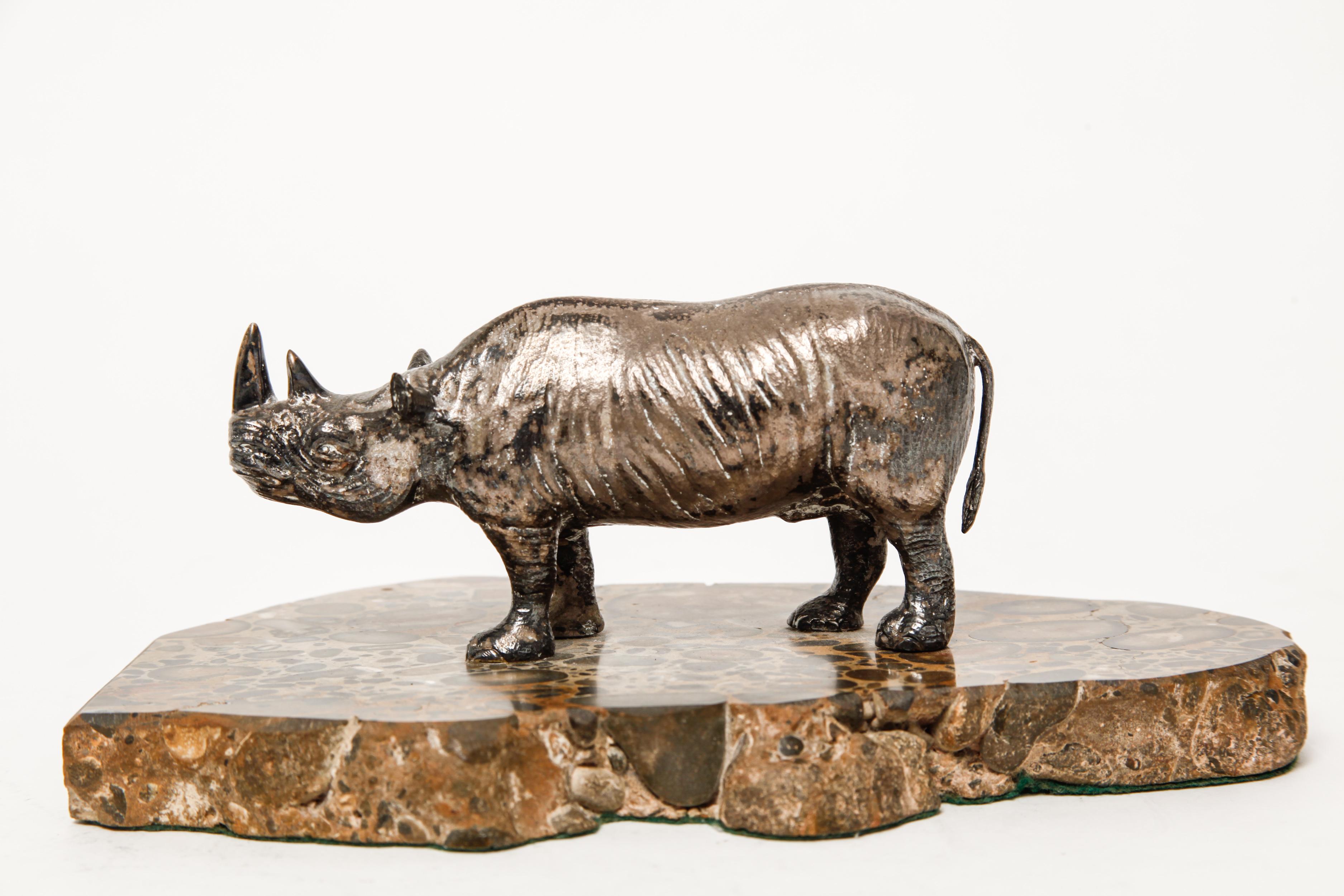 Silvered Mid-Century Modern Silver Plated Rhinoceros Sculpture on Marble Base