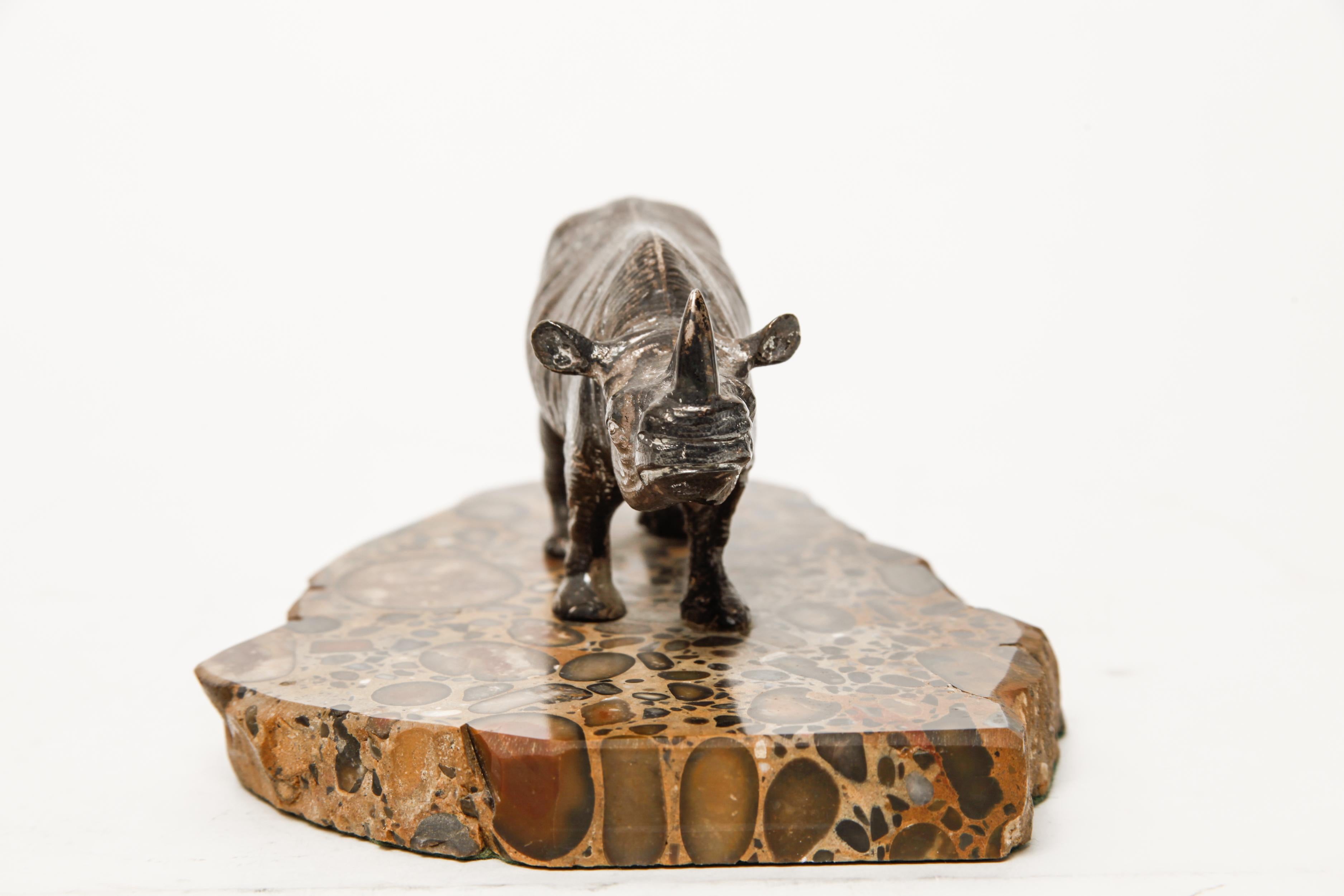 Mid-Century Modern Silver Plated Rhinoceros Sculpture on Marble Base In Good Condition In New York, NY