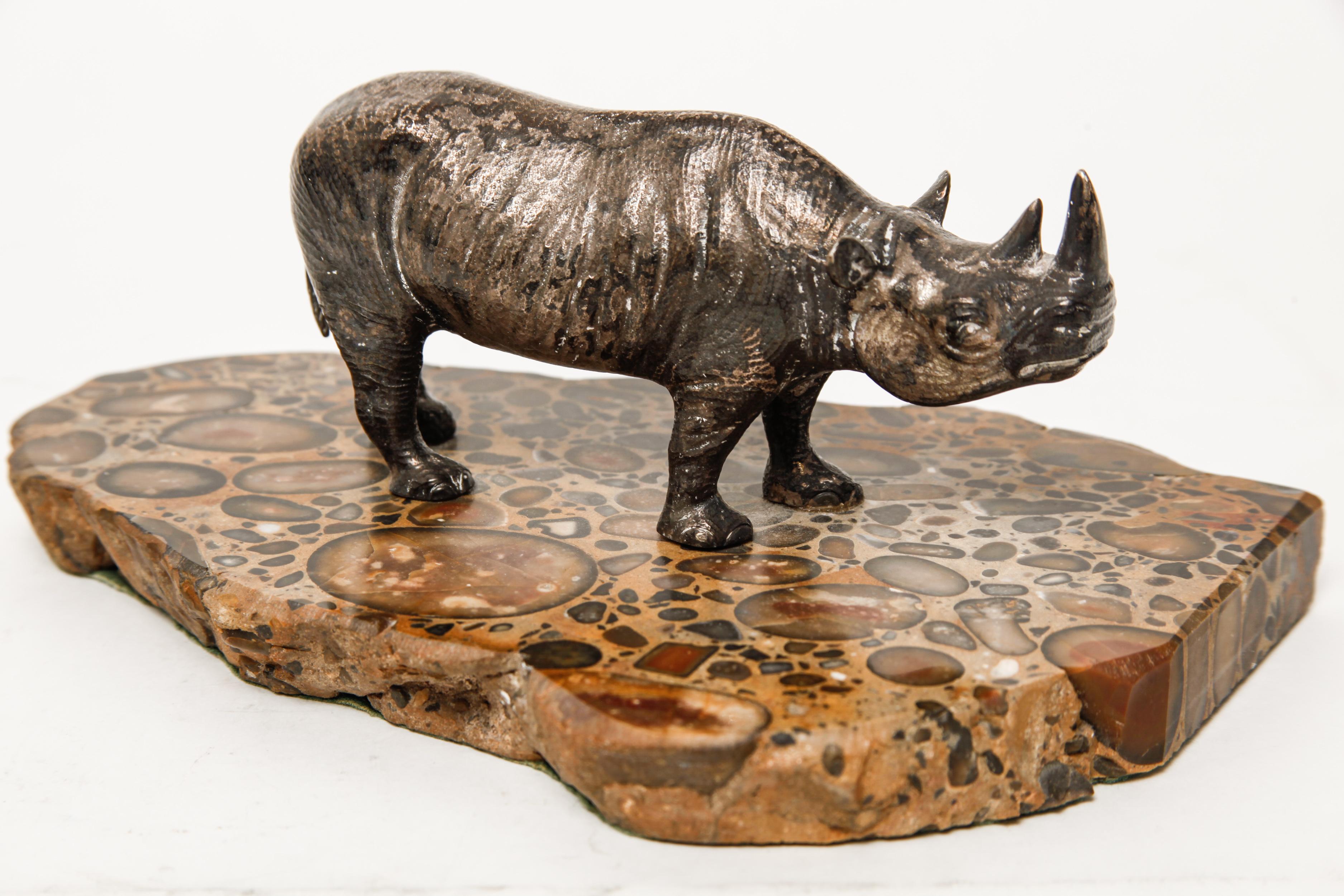20th Century Mid-Century Modern Silver Plated Rhinoceros Sculpture on Marble Base