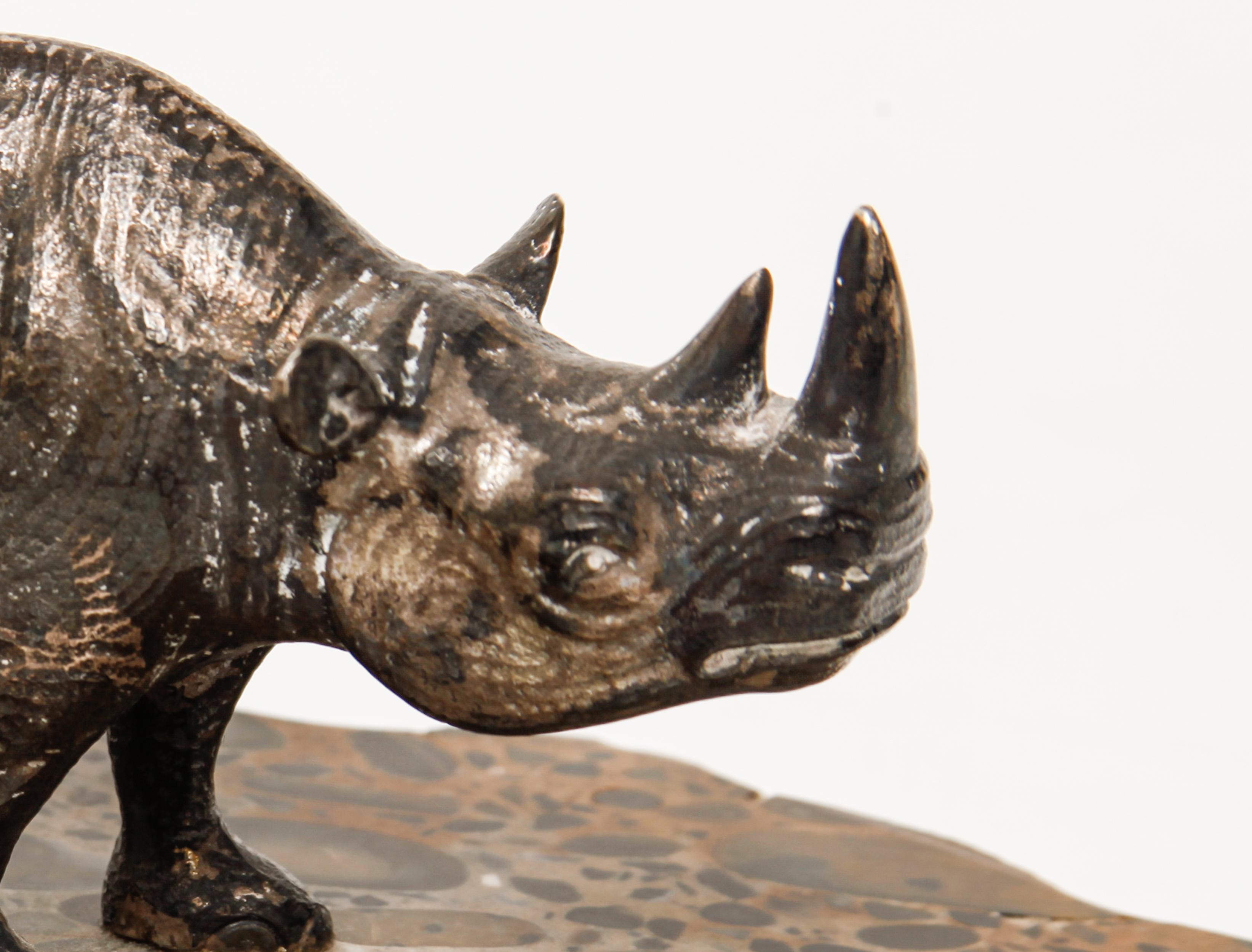 Mid-Century Modern Silver Plated Rhinoceros Sculpture on Marble Base 1