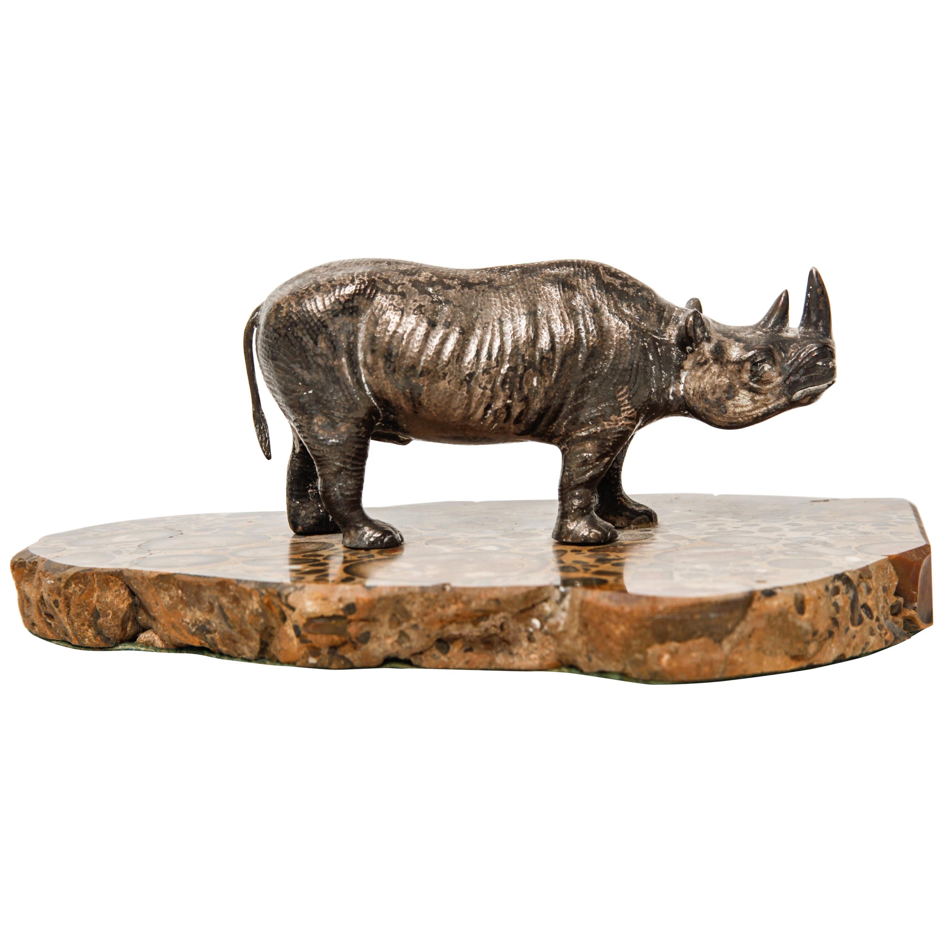 Mid-Century Modern Silver Plated Rhinoceros Sculpture on Marble Base