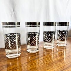 Mid Century Modern Silver Rim Weave Highball Cocktail Glasses
