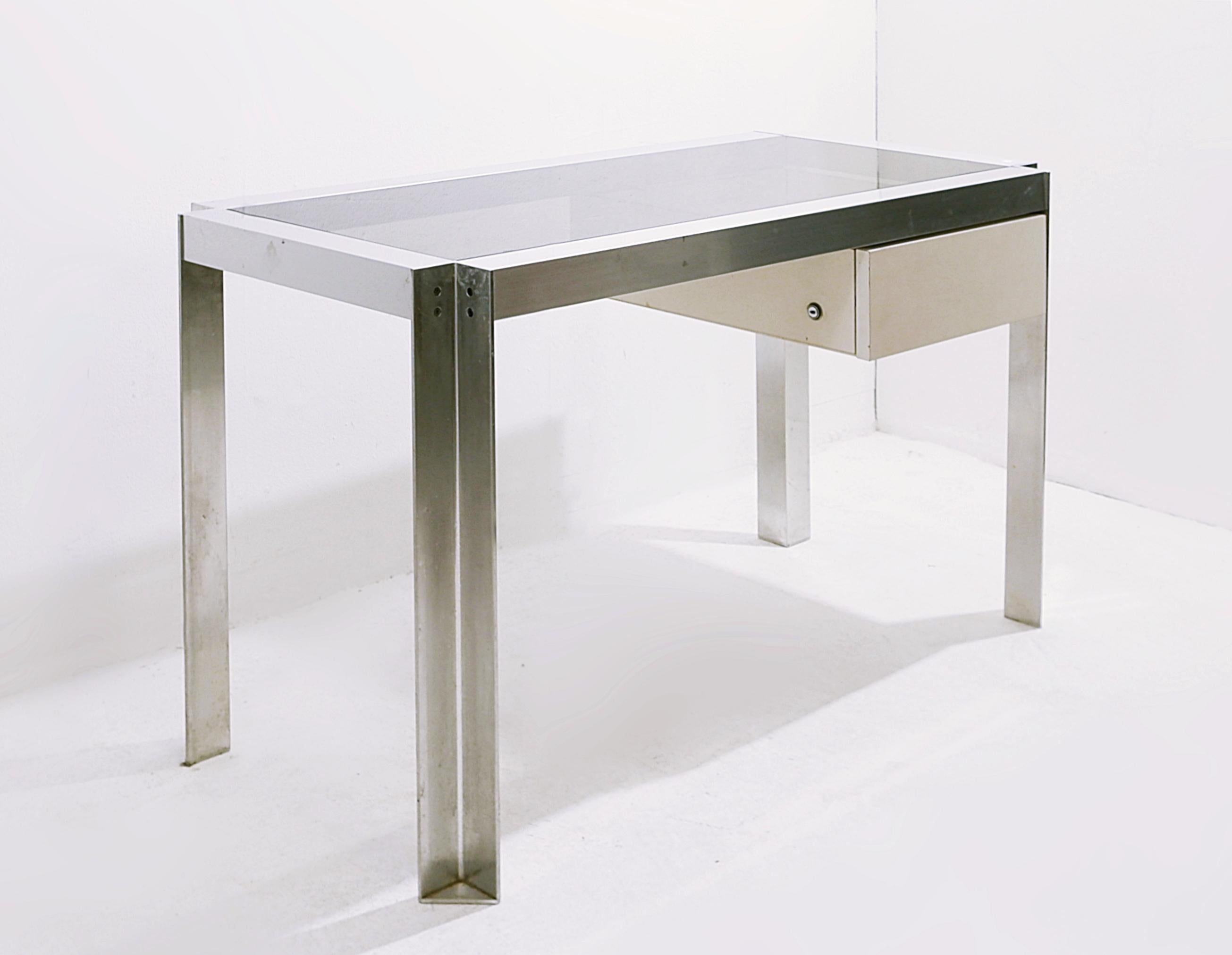 Mid-Century Modern single drawer nickel chromed steel and aluminium french desk by Étienne Ferminger for Kappa.