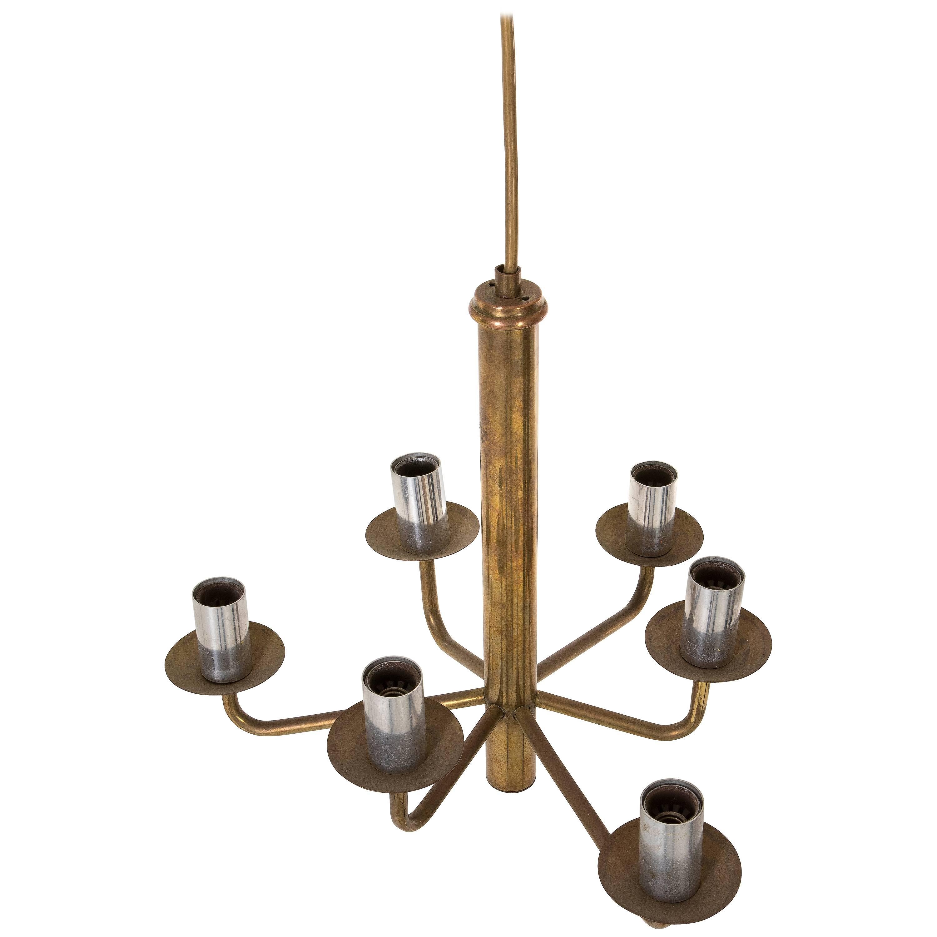 Mid-Century Modern Six-Arm Brass Chandelier with Aluminium Candle Tubes For Sale