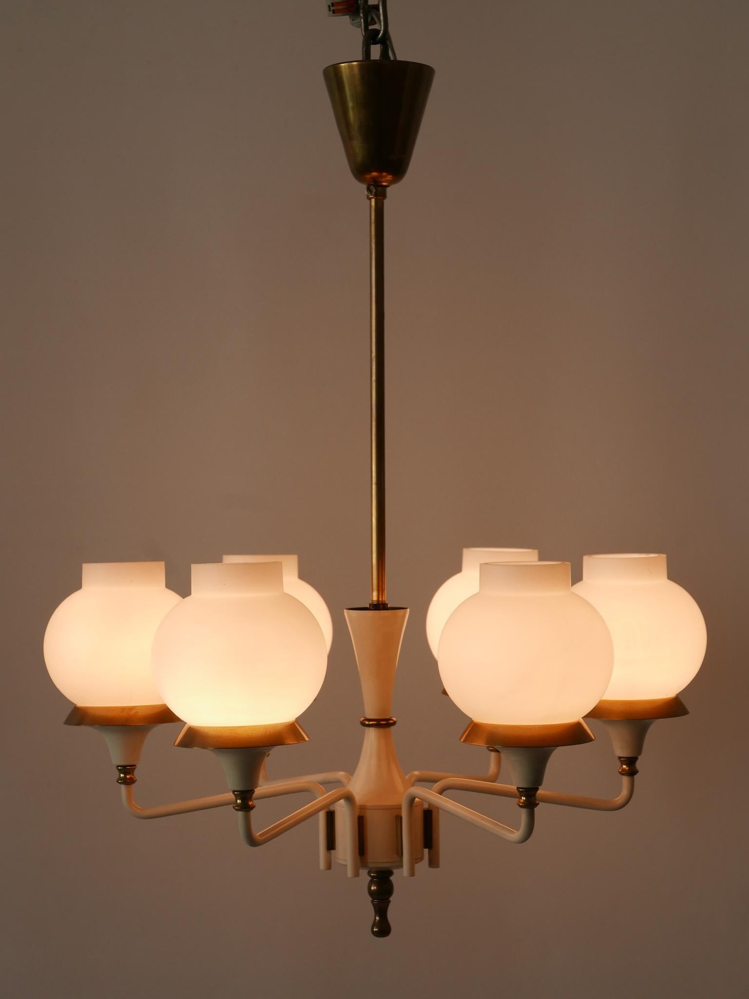 Enameled Mid-Century Modern Six-Armed Tulipan Pendant Lamp or Chandelier by Kaiser 1950s For Sale