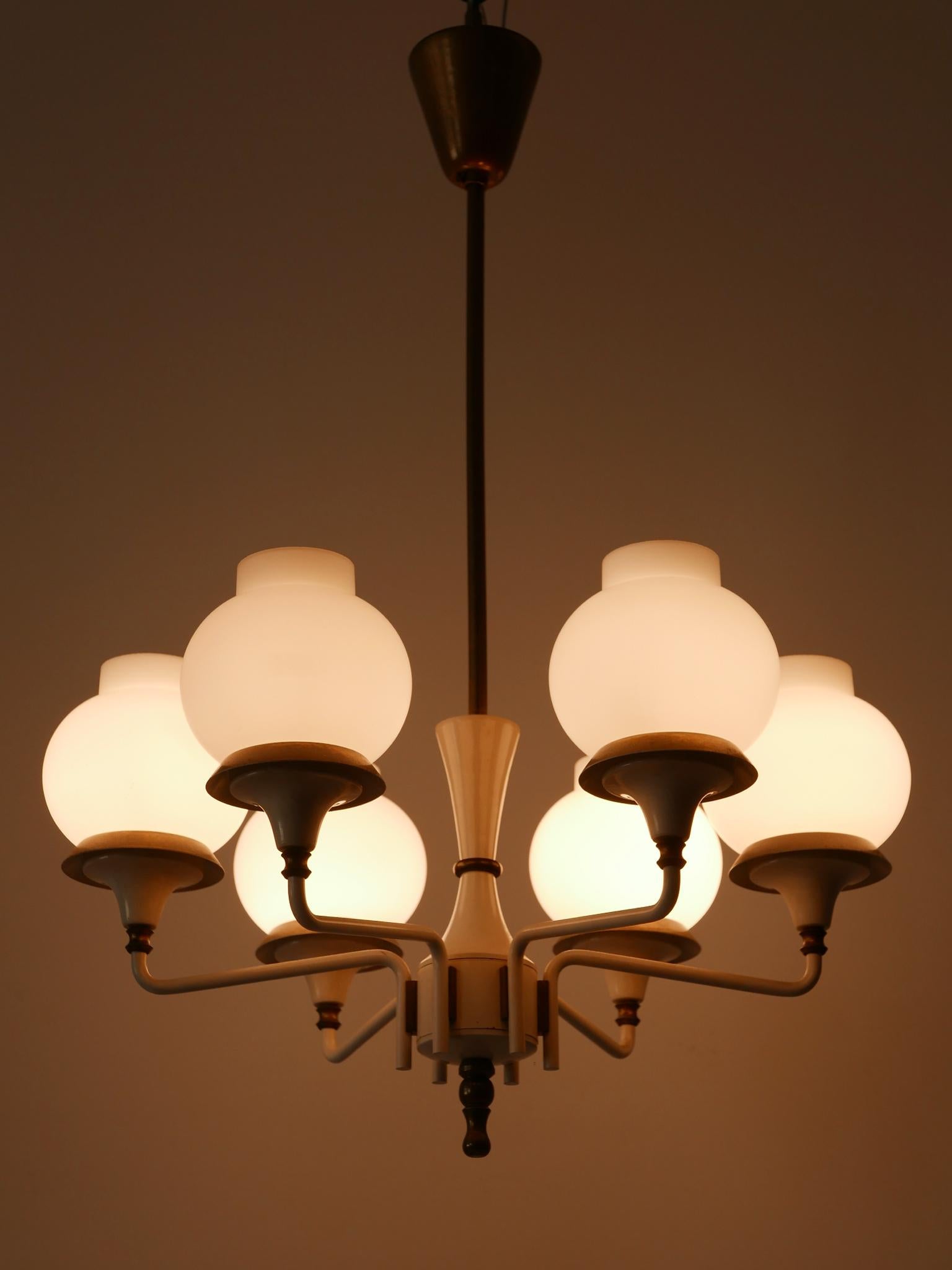 Opaline Glass Mid-Century Modern Six-Armed Tulipan Pendant Lamp or Chandelier by Kaiser 1950s