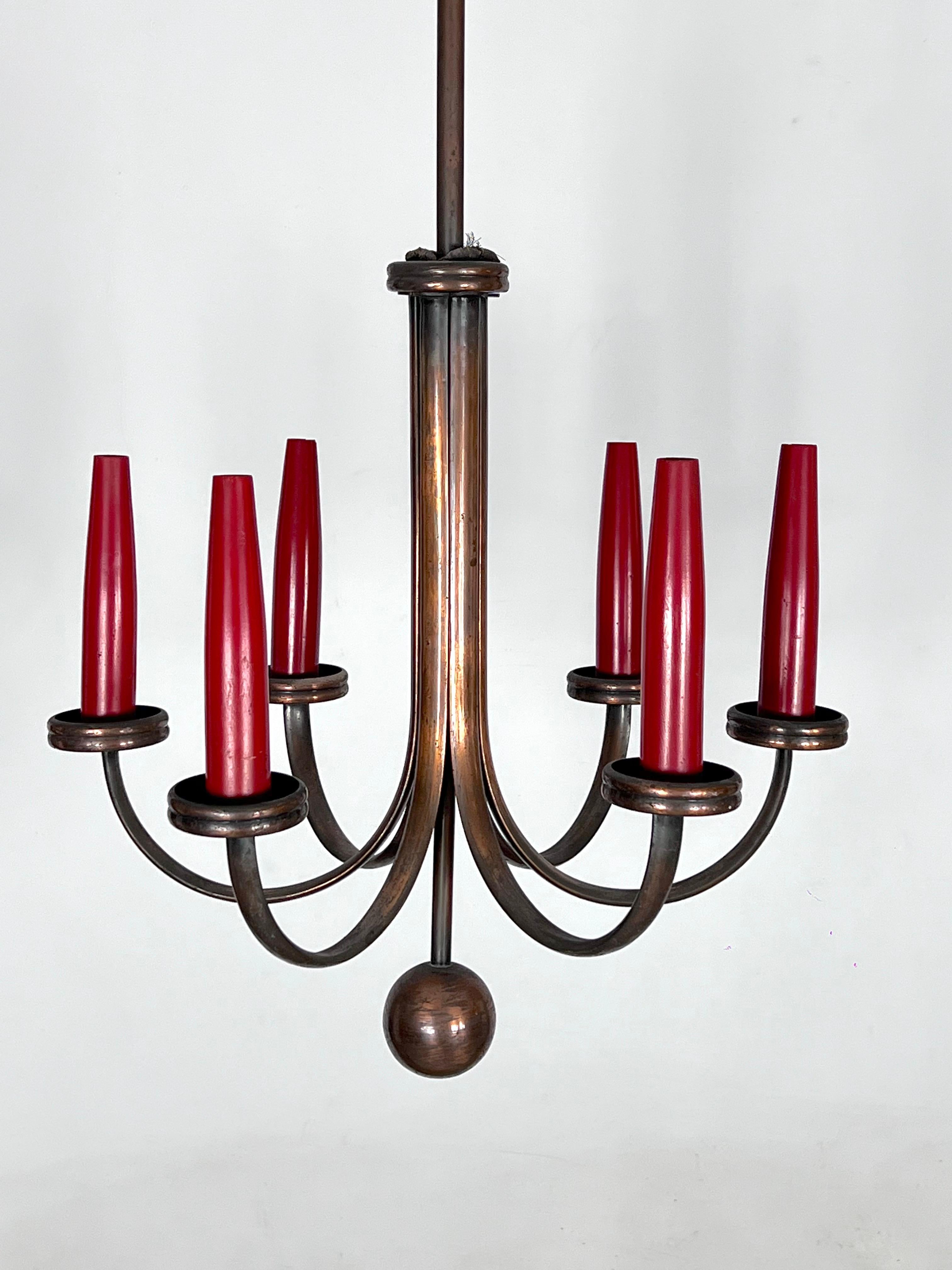 Mid-Century Modern Six Arms Copper Chandelier in Gio Ponti Style, Italy 1950s For Sale 5